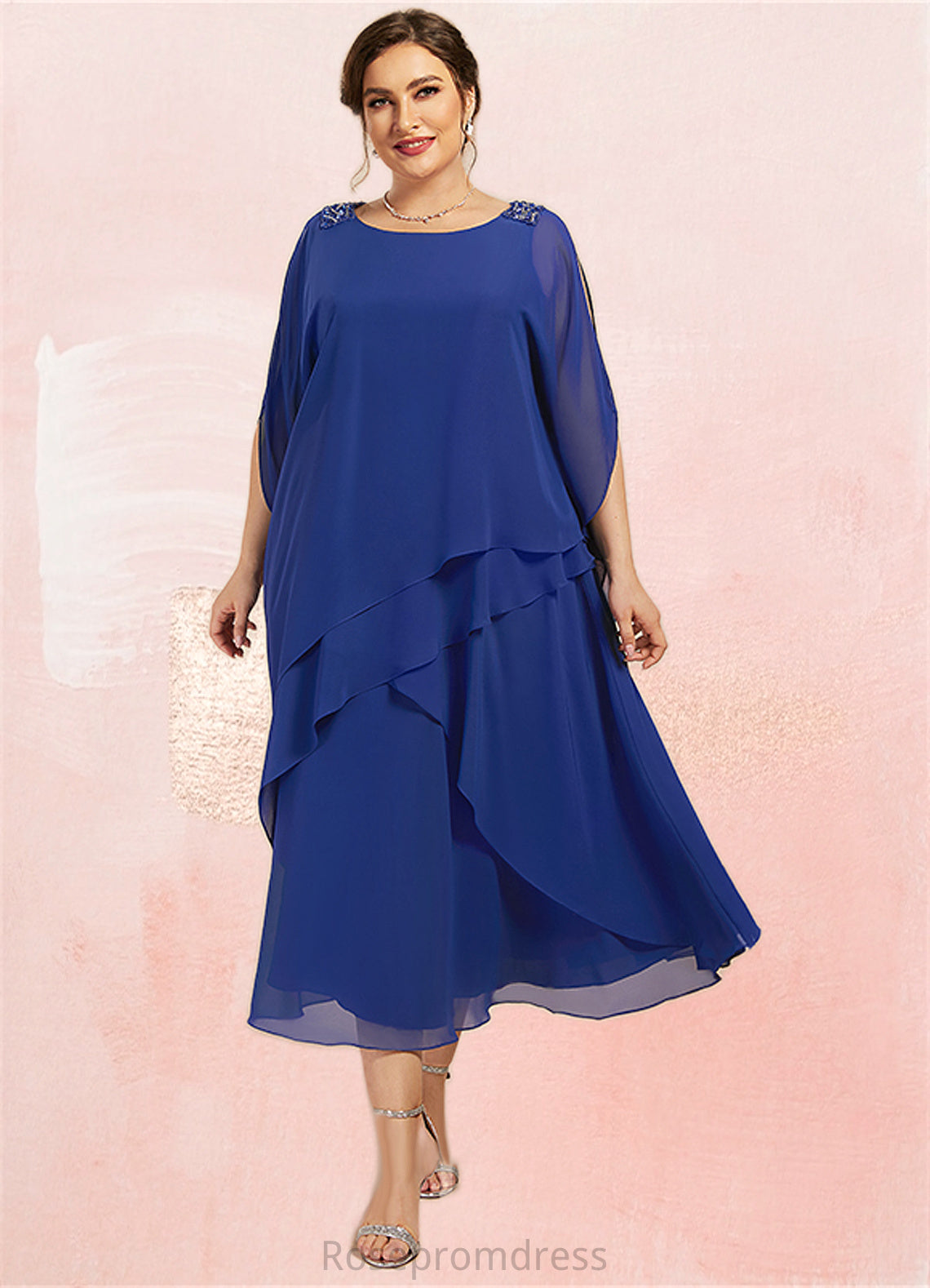 Izabelle A-Line Scoop Neck Tea-Length Chiffon Mother of the Bride Dress With Beading Sequins Cascading Ruffles SRSP0014562