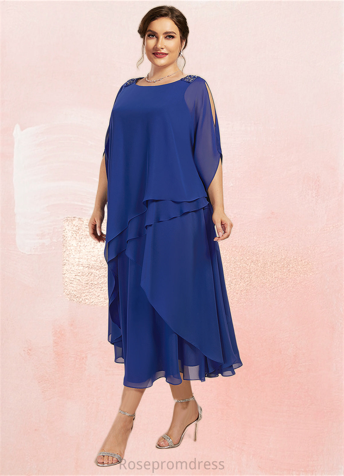 Izabelle A-Line Scoop Neck Tea-Length Chiffon Mother of the Bride Dress With Beading Sequins Cascading Ruffles SRSP0014562