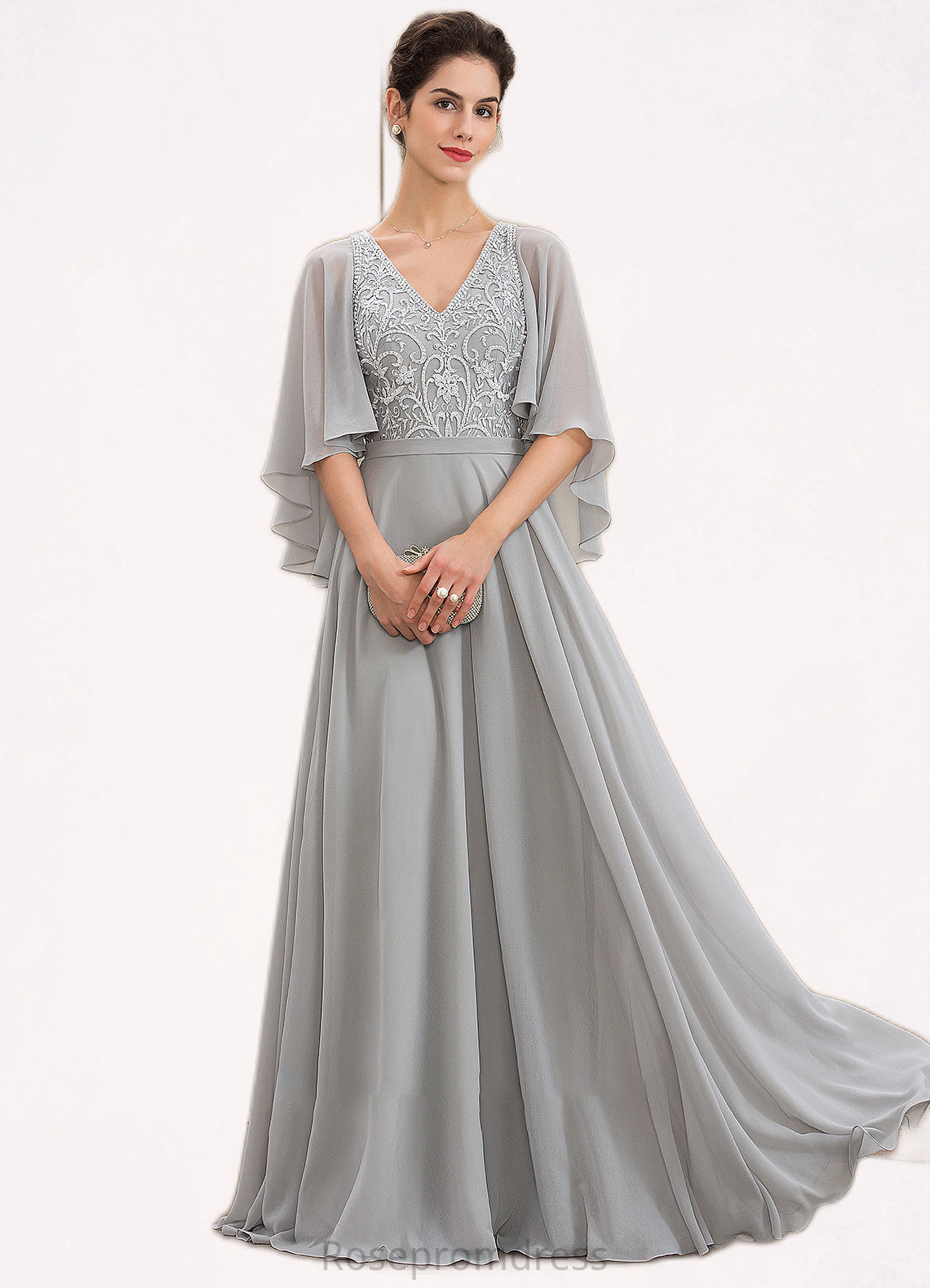 Kayla A-line V-Neck Floor-Length Chiffon Lace Mother of the Bride Dress With Beading Sequins SRSP0014563