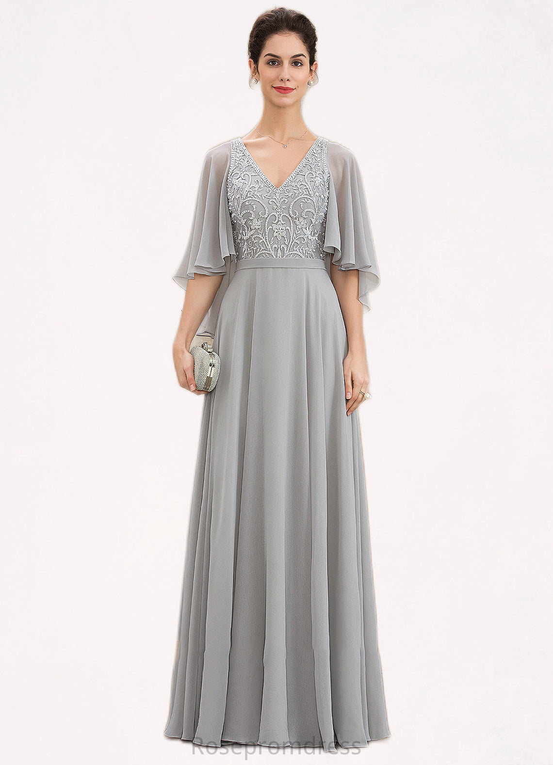 Kayla A-line V-Neck Floor-Length Chiffon Lace Mother of the Bride Dress With Beading Sequins SRSP0014563