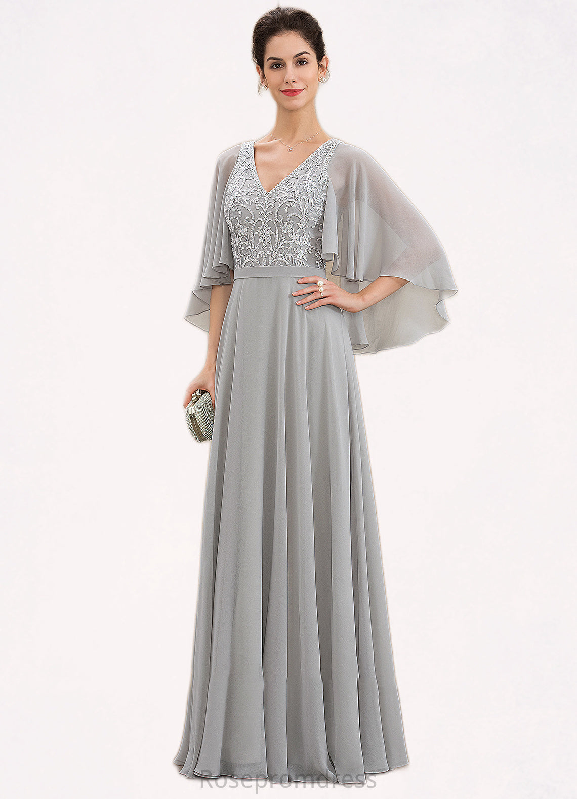 Kayla A-line V-Neck Floor-Length Chiffon Lace Mother of the Bride Dress With Beading Sequins SRSP0014563