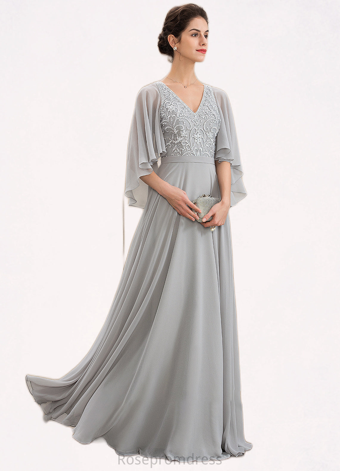 Kayla A-line V-Neck Floor-Length Chiffon Lace Mother of the Bride Dress With Beading Sequins SRSP0014563