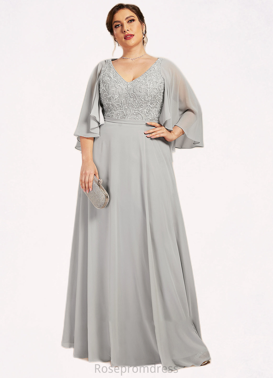 Kayla A-line V-Neck Floor-Length Chiffon Lace Mother of the Bride Dress With Beading Sequins SRSP0014563