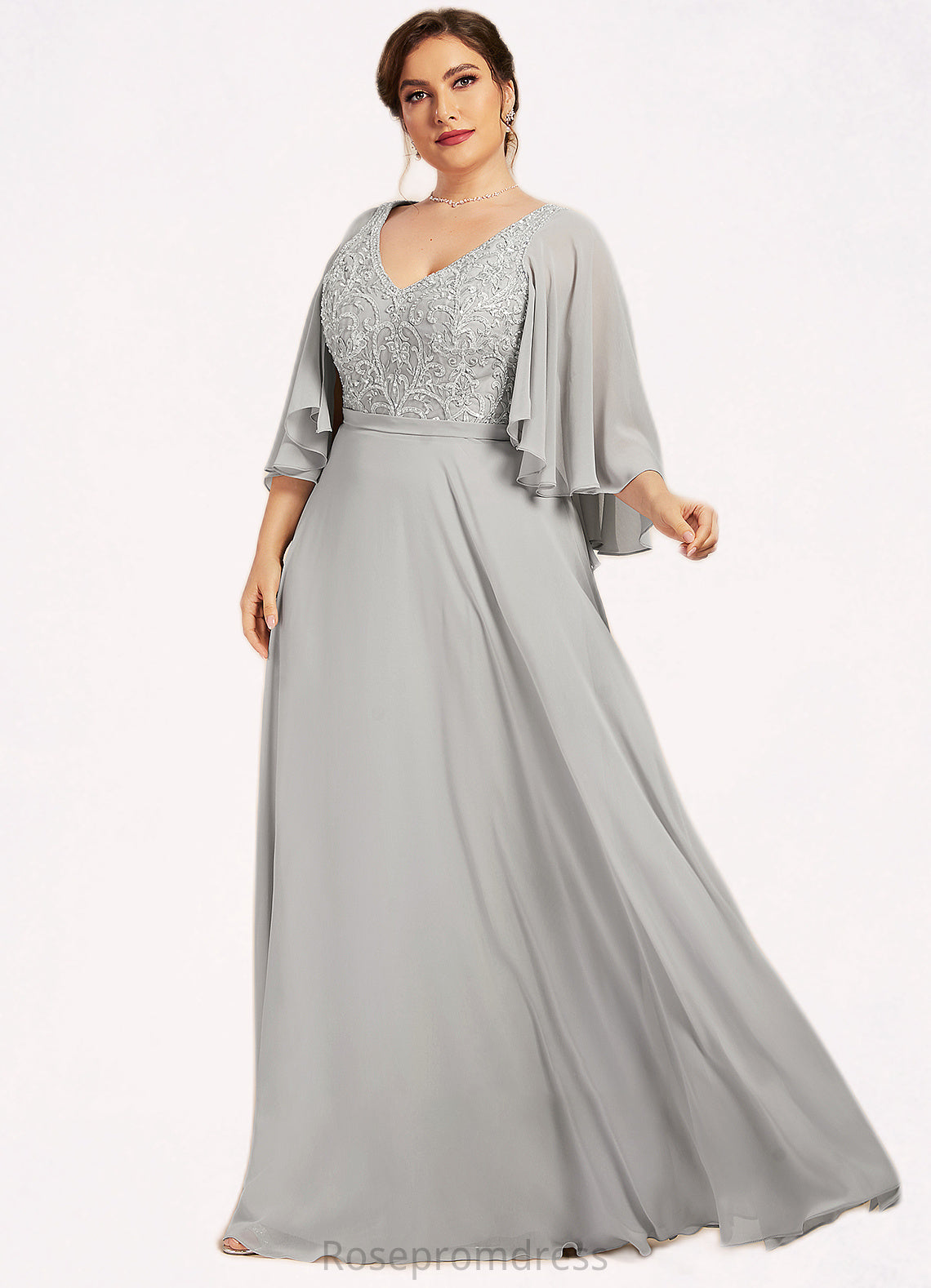 Kayla A-line V-Neck Floor-Length Chiffon Lace Mother of the Bride Dress With Beading Sequins SRSP0014563