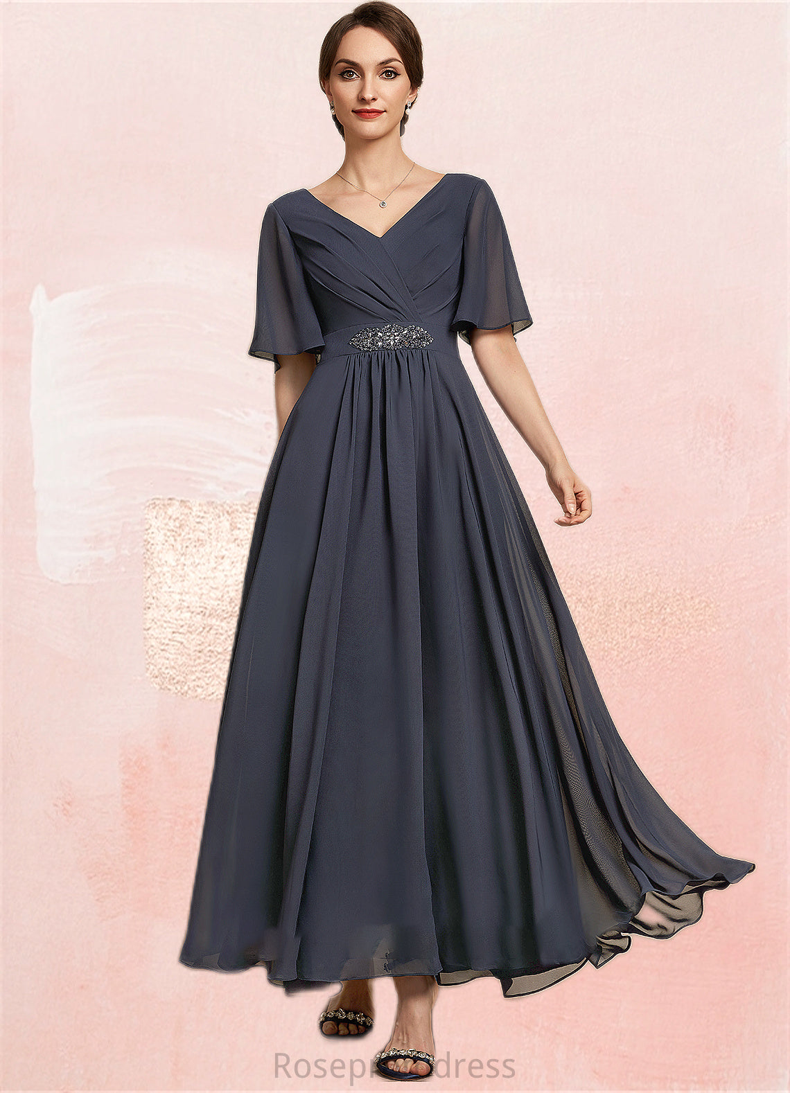 Genevieve A-Line V-neck Ankle-Length Chiffon Mother of the Bride Dress With Ruffle Beading Sequins SRSP0014564