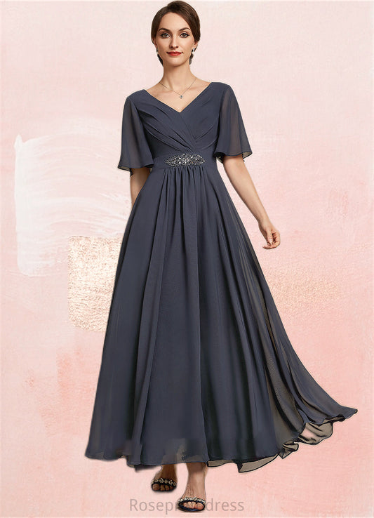 Genevieve A-Line V-neck Ankle-Length Chiffon Mother of the Bride Dress With Ruffle Beading Sequins SRSP0014564