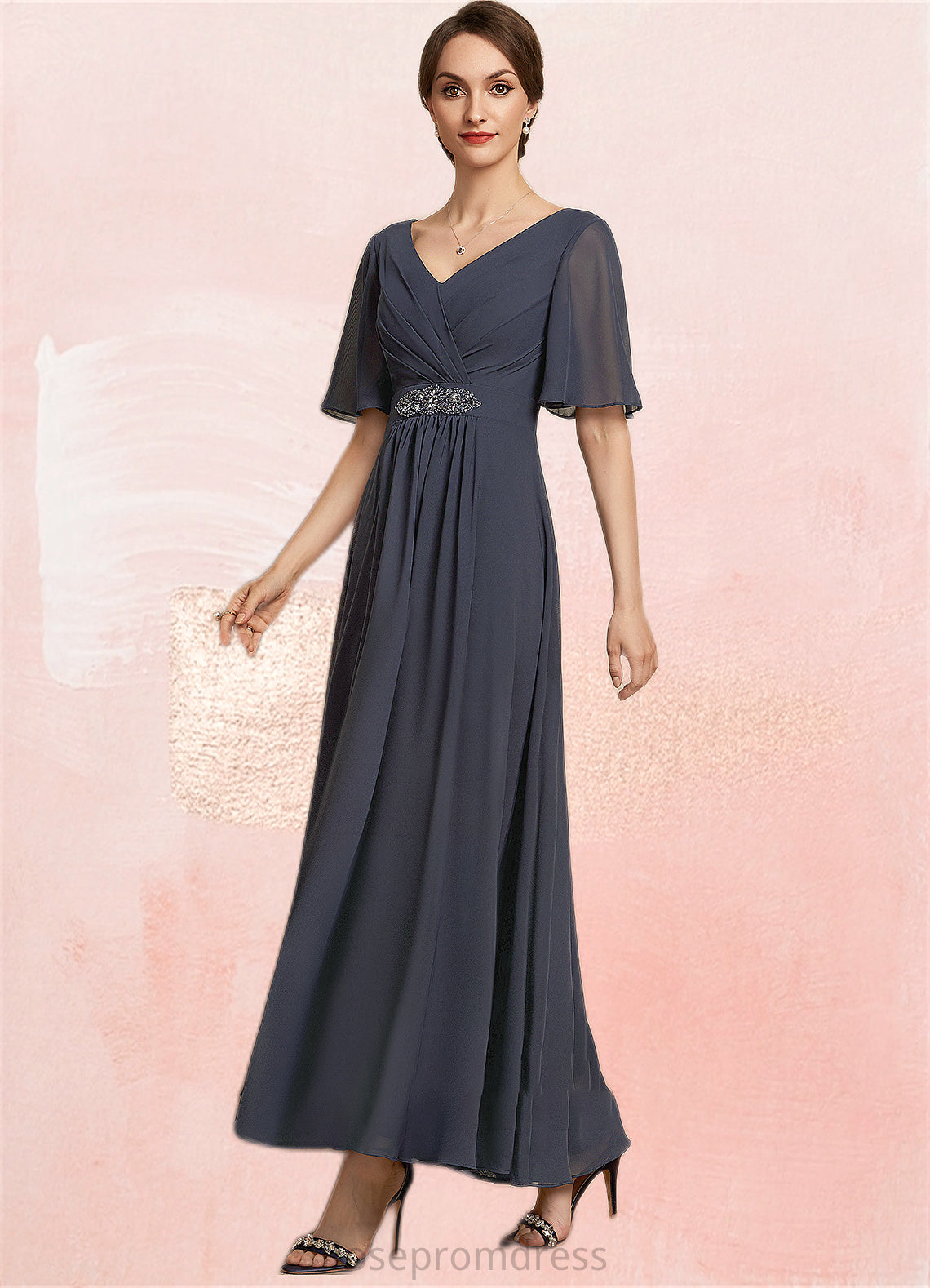 Genevieve A-Line V-neck Ankle-Length Chiffon Mother of the Bride Dress With Ruffle Beading Sequins SRSP0014564