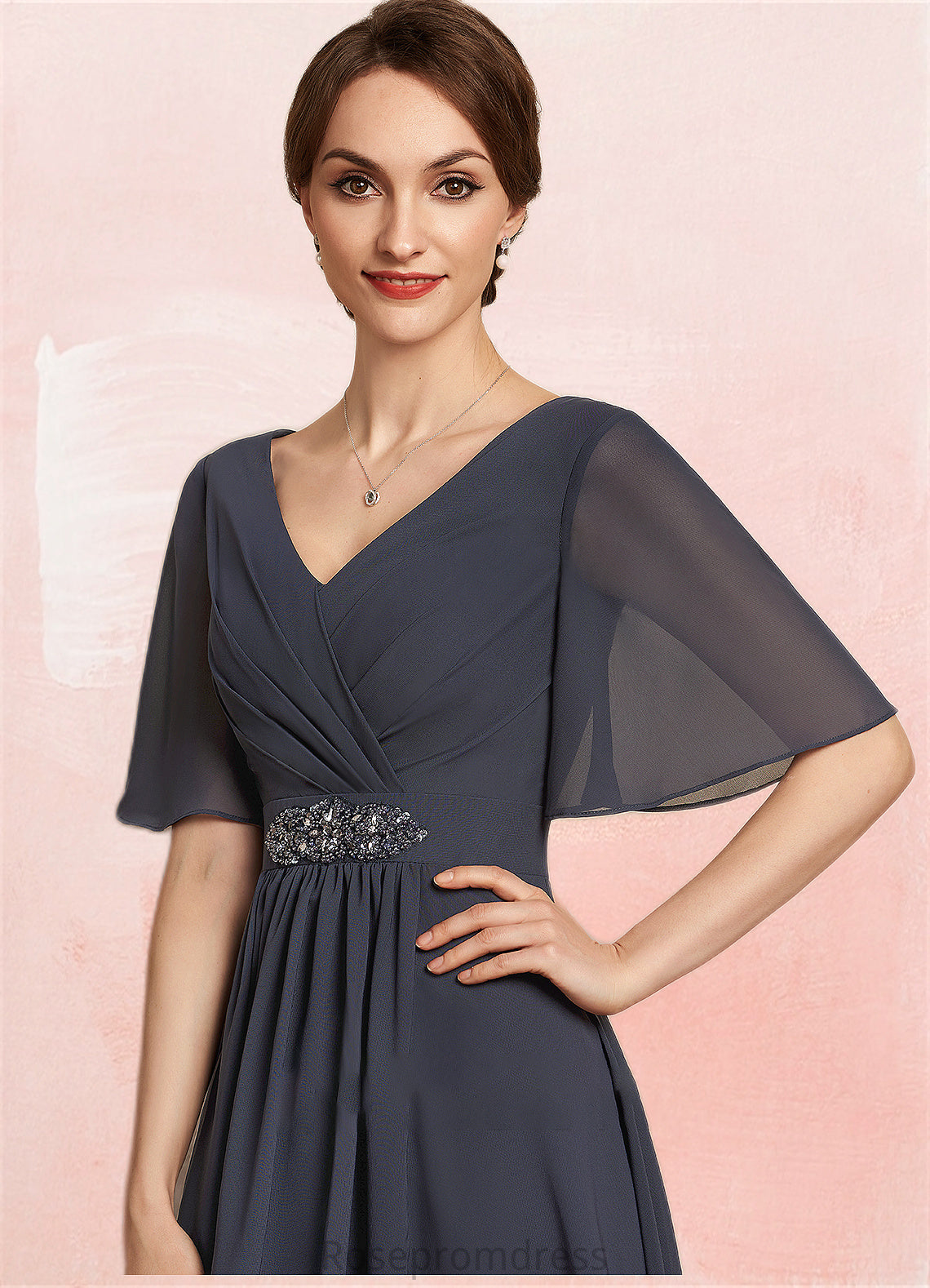 Genevieve A-Line V-neck Ankle-Length Chiffon Mother of the Bride Dress With Ruffle Beading Sequins SRSP0014564