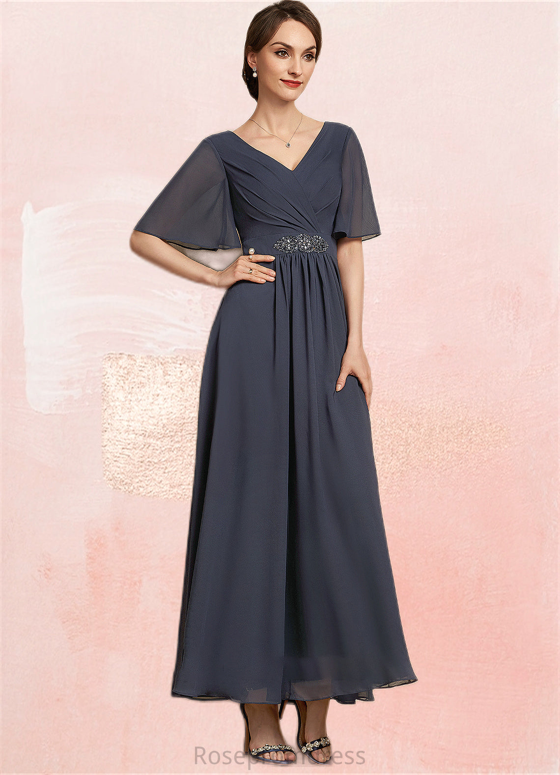 Genevieve A-Line V-neck Ankle-Length Chiffon Mother of the Bride Dress With Ruffle Beading Sequins SRSP0014564