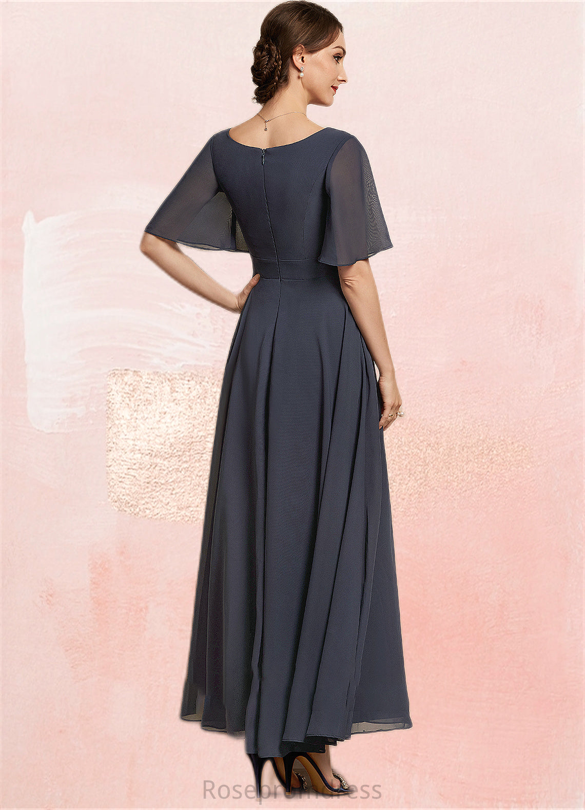 Genevieve A-Line V-neck Ankle-Length Chiffon Mother of the Bride Dress With Ruffle Beading Sequins SRSP0014564