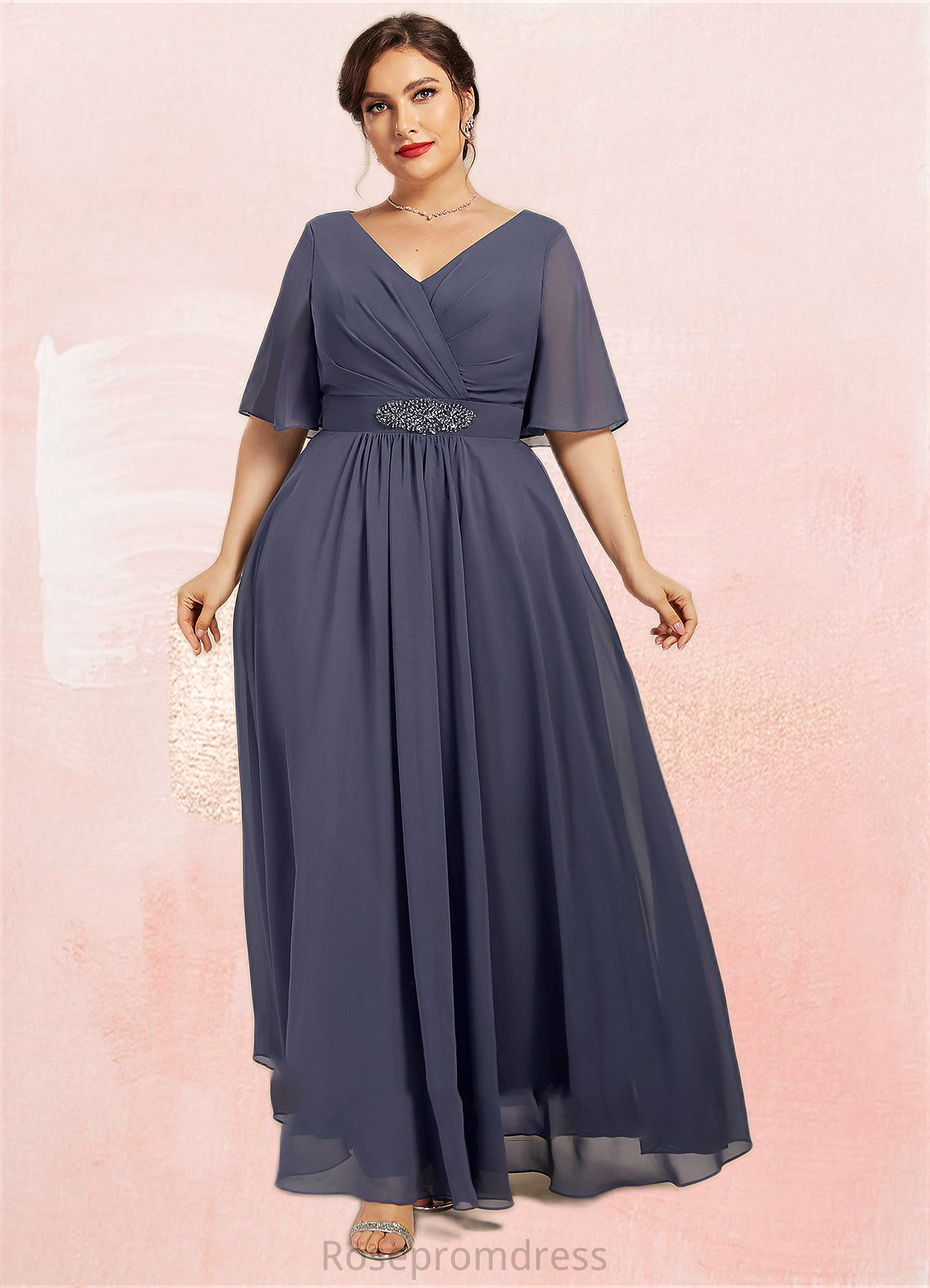 Genevieve A-Line V-neck Ankle-Length Chiffon Mother of the Bride Dress With Ruffle Beading Sequins SRSP0014564