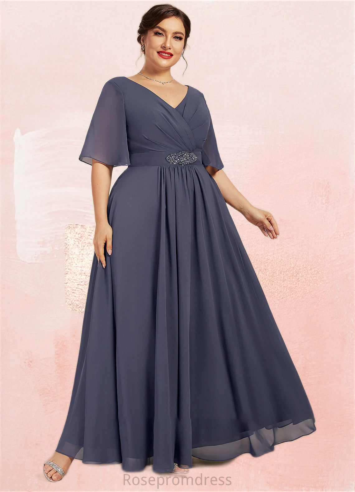 Genevieve A-Line V-neck Ankle-Length Chiffon Mother of the Bride Dress With Ruffle Beading Sequins SRSP0014564