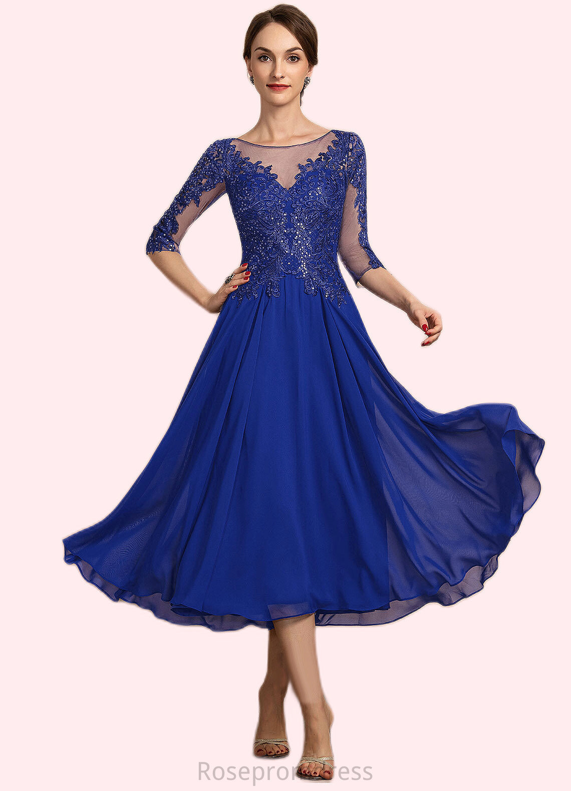 Brooklyn A-Line Scoop Neck Tea-Length Chiffon Lace Mother of the Bride Dress With Sequins SRSP0014565