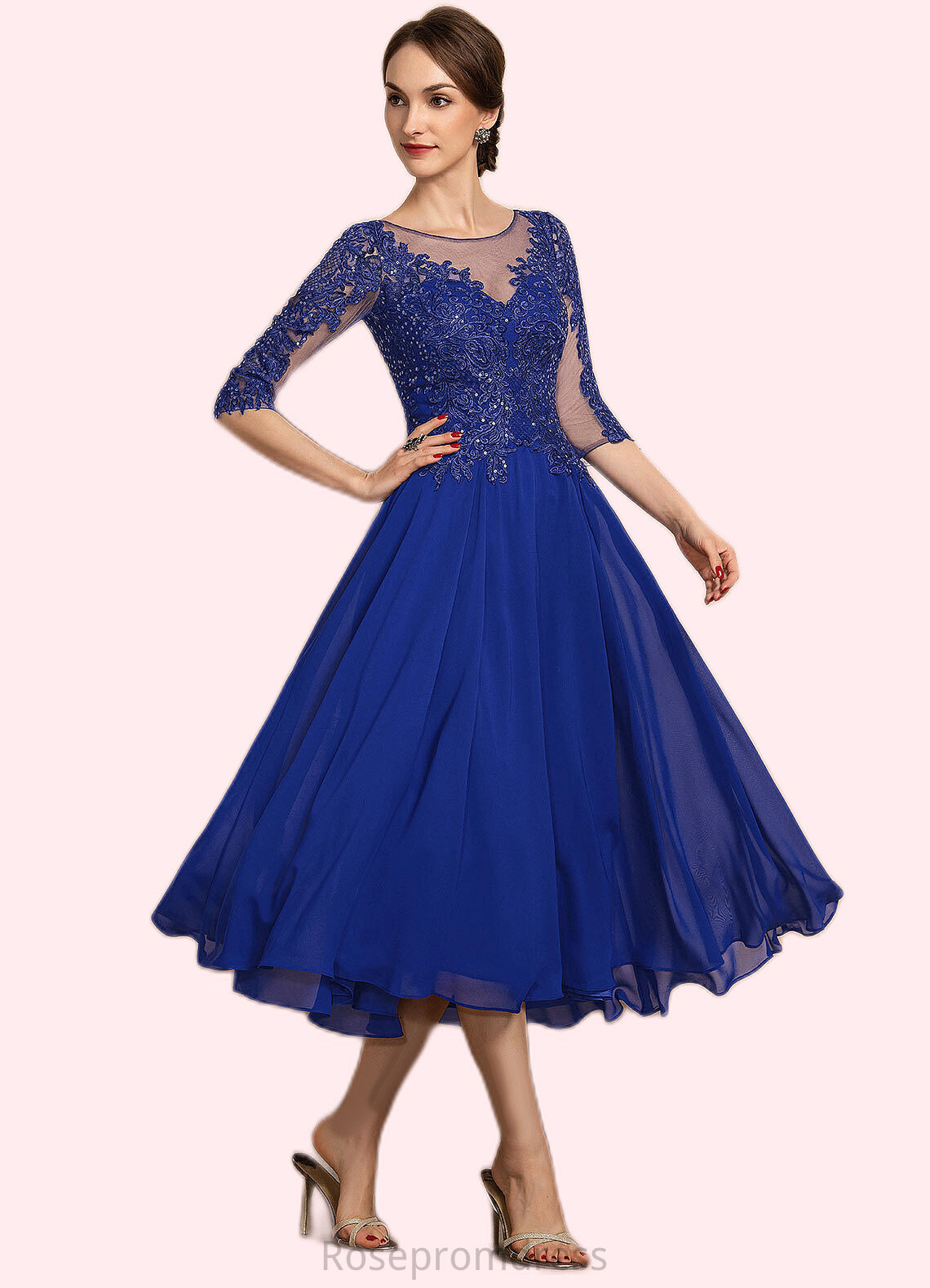 Brooklyn A-Line Scoop Neck Tea-Length Chiffon Lace Mother of the Bride Dress With Sequins SRSP0014565