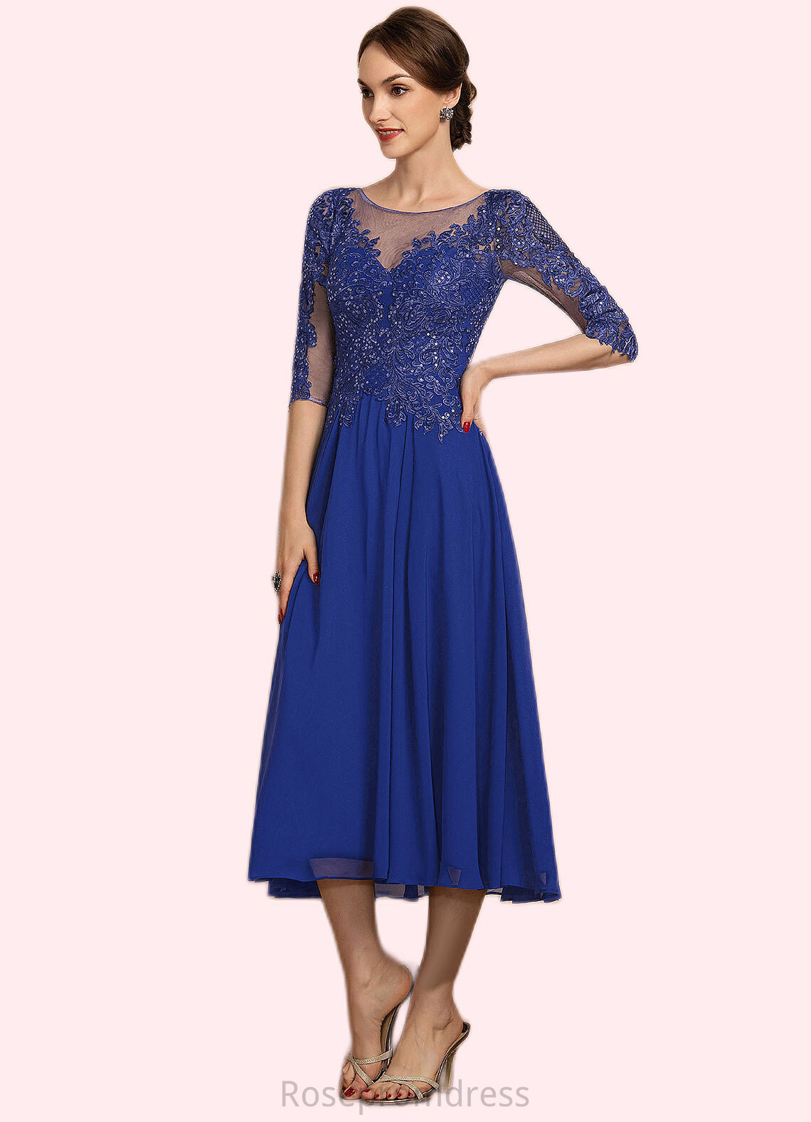 Brooklyn A-Line Scoop Neck Tea-Length Chiffon Lace Mother of the Bride Dress With Sequins SRSP0014565