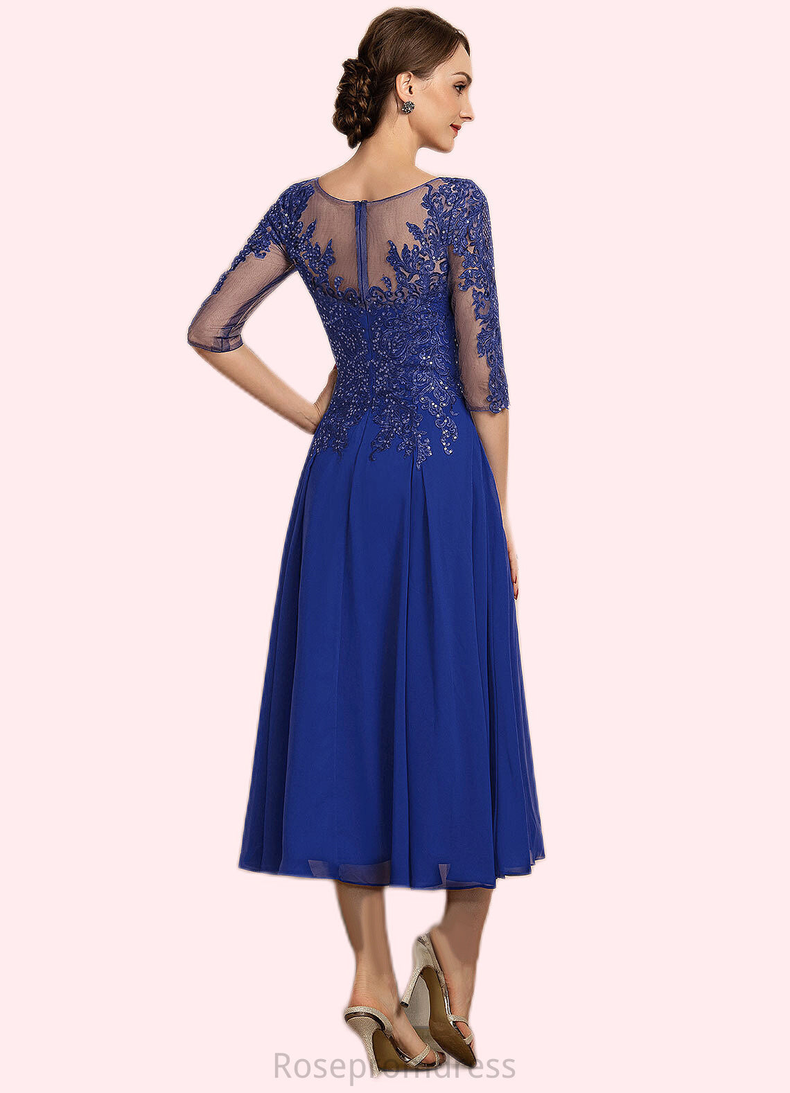 Brooklyn A-Line Scoop Neck Tea-Length Chiffon Lace Mother of the Bride Dress With Sequins SRSP0014565