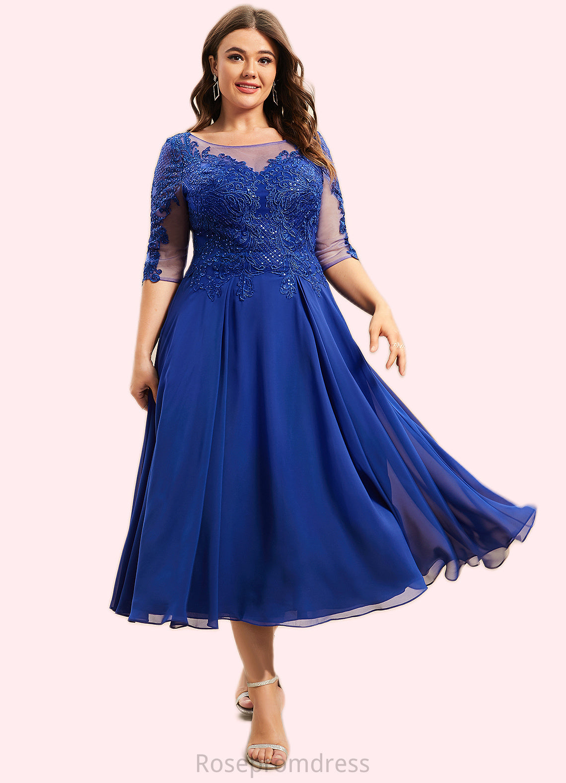 Brooklyn A-Line Scoop Neck Tea-Length Chiffon Lace Mother of the Bride Dress With Sequins SRSP0014565