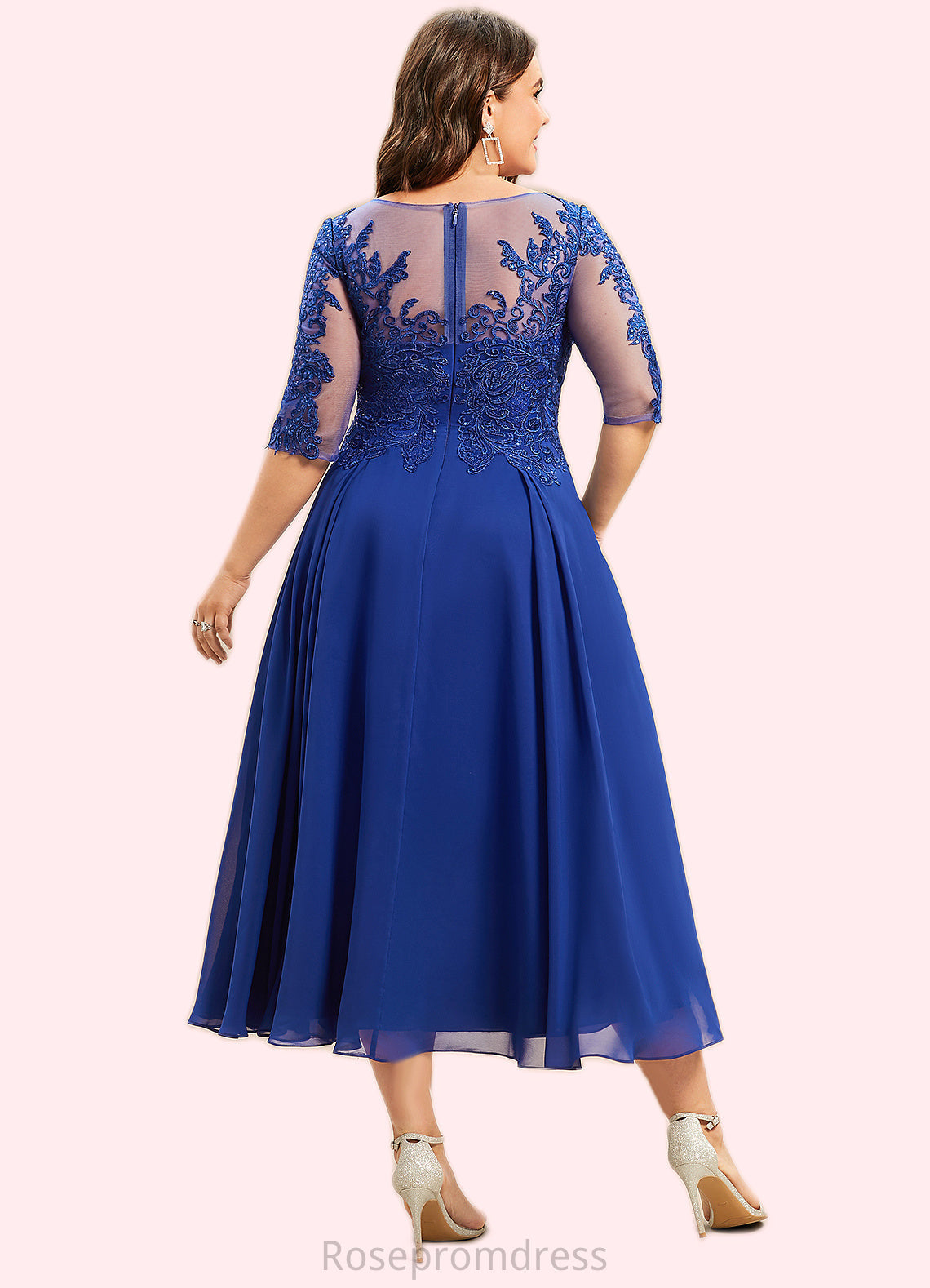 Brooklyn A-Line Scoop Neck Tea-Length Chiffon Lace Mother of the Bride Dress With Sequins SRSP0014565