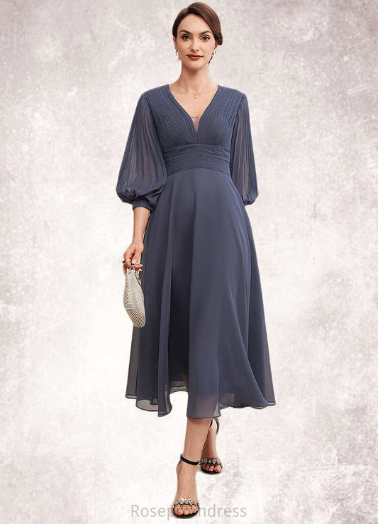 Jillian A-Line V-neck Tea-Length Chiffon Mother of the Bride Dress With Ruffle SRSP0014566