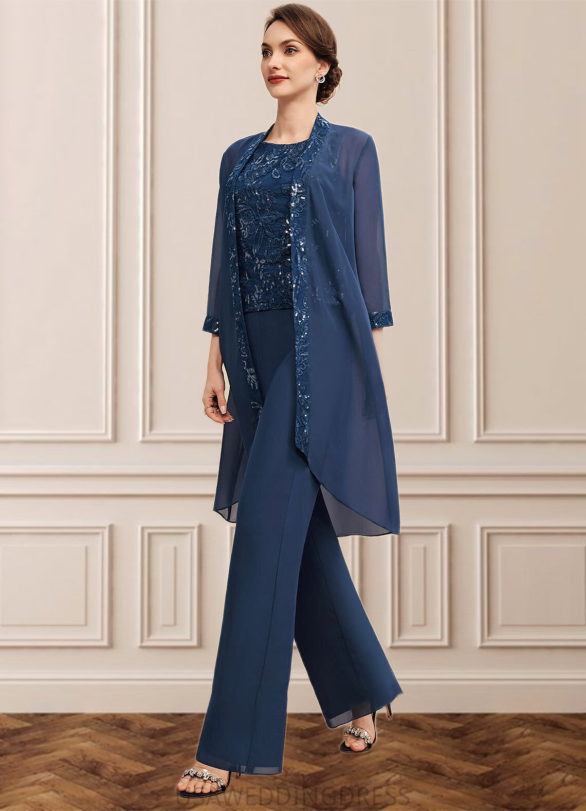 Jolie Jumpsuit/Pantsuit Scoop Neck Floor-Length Chiffon Lace Mother of the Bride Dress With Sequins DS126P0014567