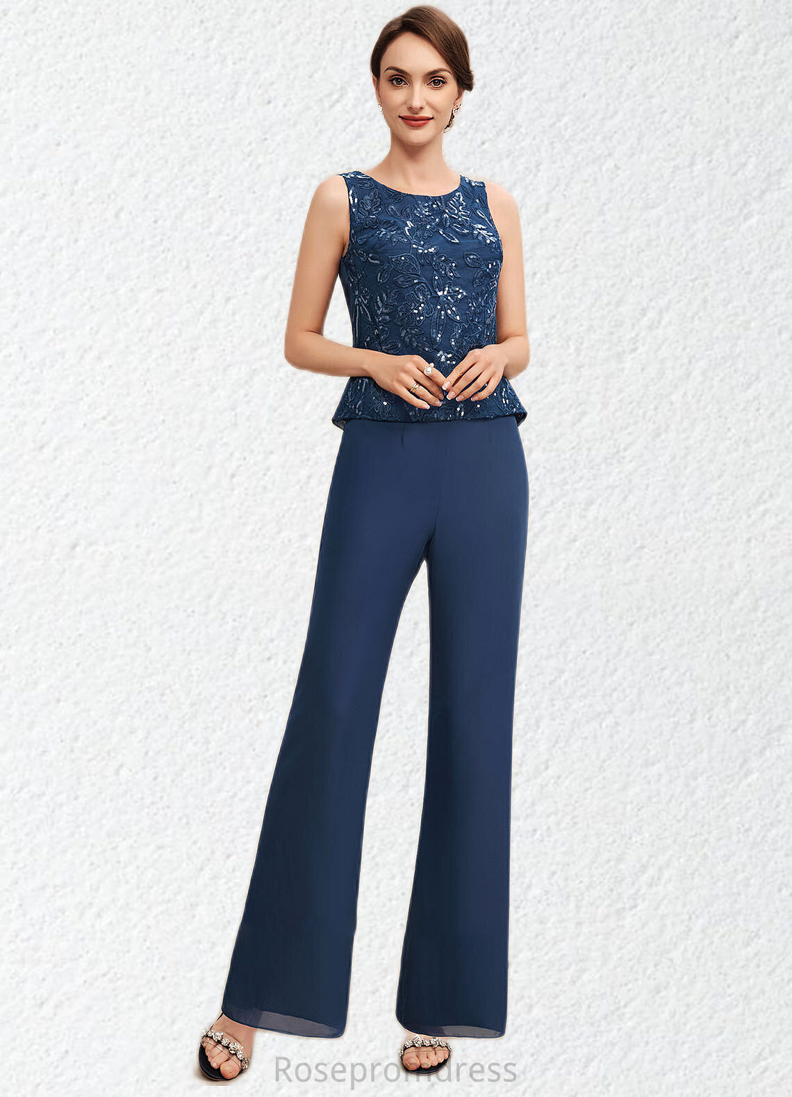 Autumn Jumpsuit/Pantsuit Scoop Neck Floor-Length Chiffon Lace Mother of the Bride Dress With Sequins SRSP0014567