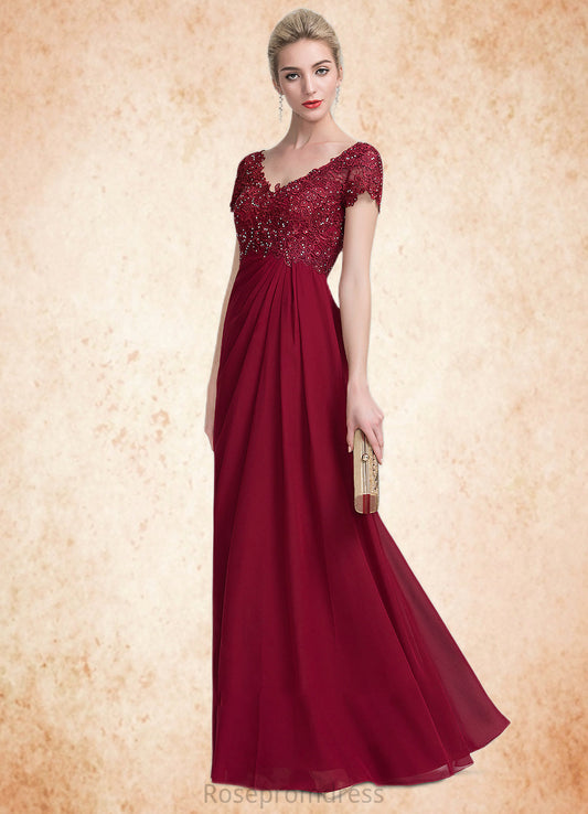Frances A-Line V-neck Floor-Length Chiffon Lace Mother of the Bride Dress With Ruffle Beading SRSP0014569