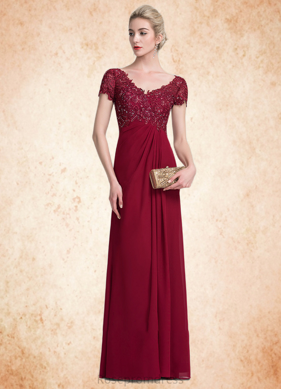Frances A-Line V-neck Floor-Length Chiffon Lace Mother of the Bride Dress With Ruffle Beading SRSP0014569