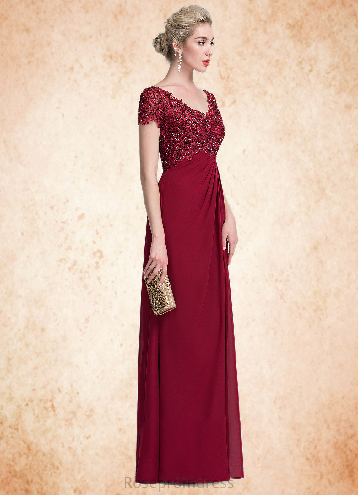Frances A-Line V-neck Floor-Length Chiffon Lace Mother of the Bride Dress With Ruffle Beading SRSP0014569