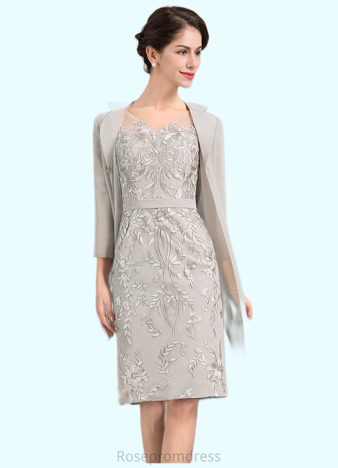 Annika Sheath/Column V-neck Knee-Length Lace Mother of the Bride Dress SRSP0014570