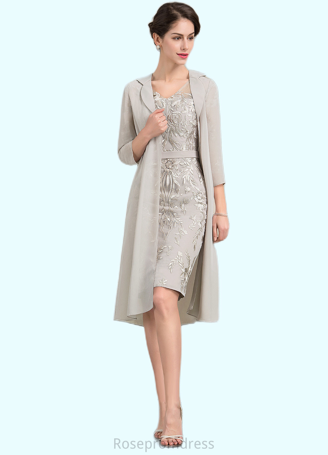 Annika Sheath/Column V-neck Knee-Length Lace Mother of the Bride Dress SRSP0014570