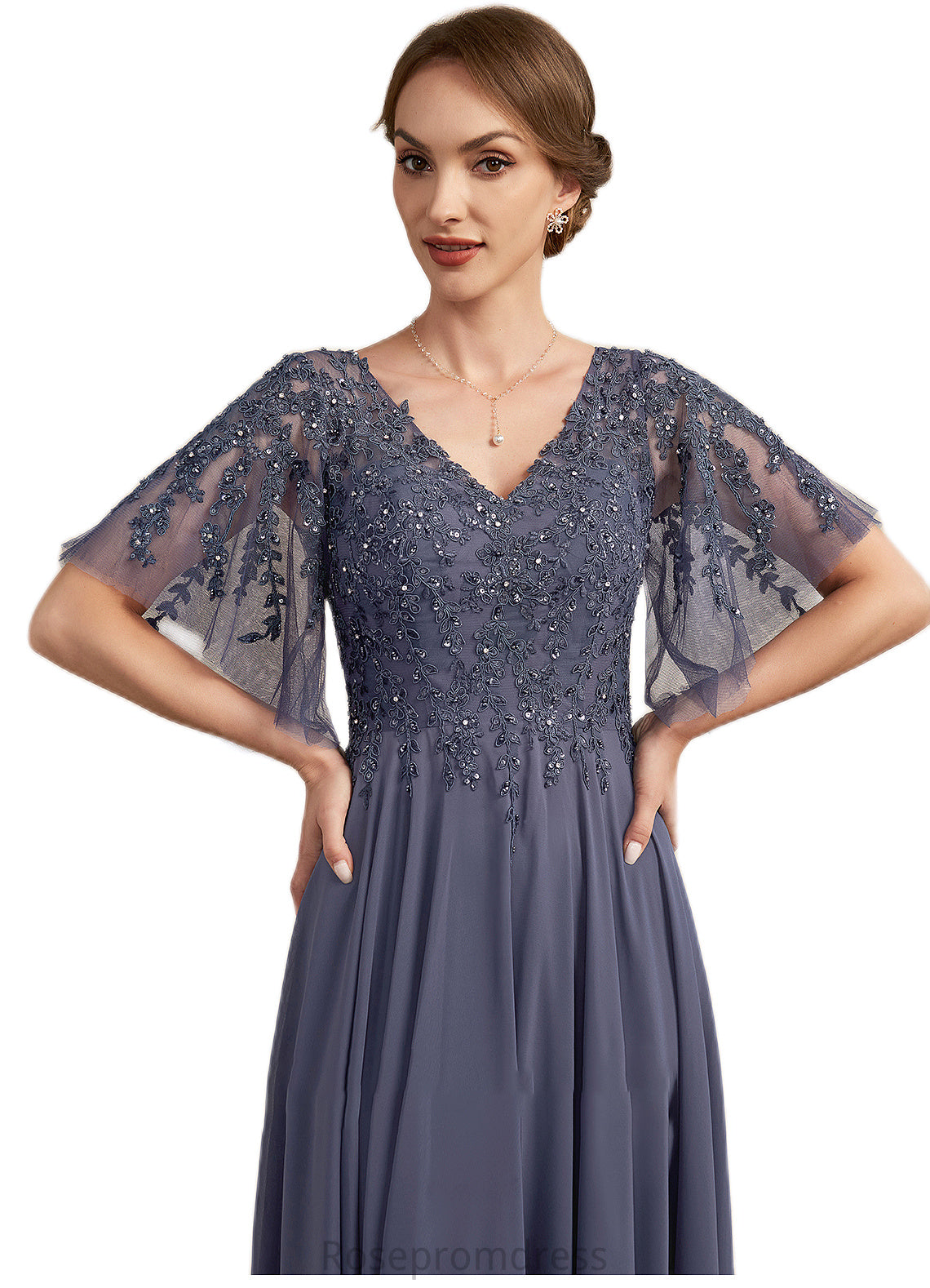 Sophie A-line V-Neck Floor-Length Chiffon Lace Mother of the Bride Dress With Beading Sequins SRSP0014571