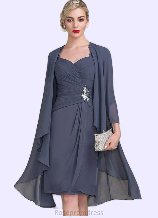 Natalya Sheath/Column Sweetheart Knee-Length Chiffon Mother of the Bride Dress With Ruffle Beading Appliques Lace Sequins SRSP0014572