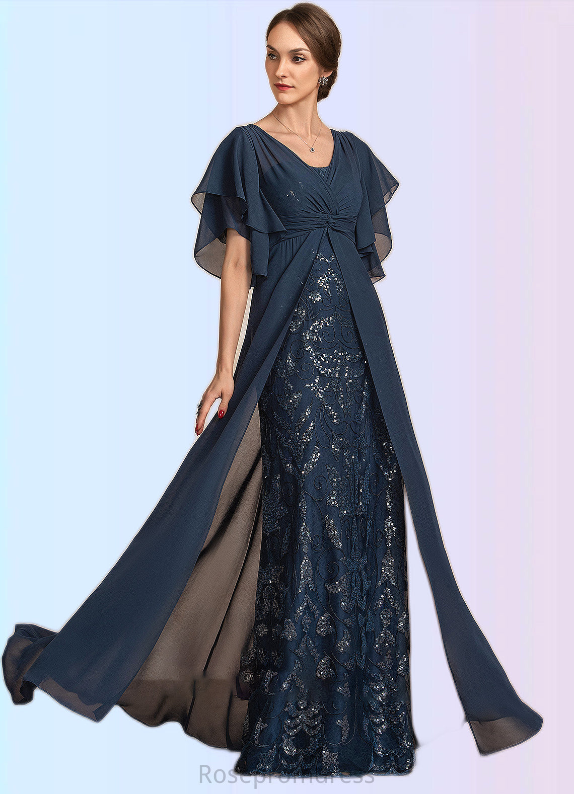 Aria Sheath/Column V-neck Floor-Length Chiffon Lace Mother of the Bride Dress With Ruffle Sequins SRSP0014573