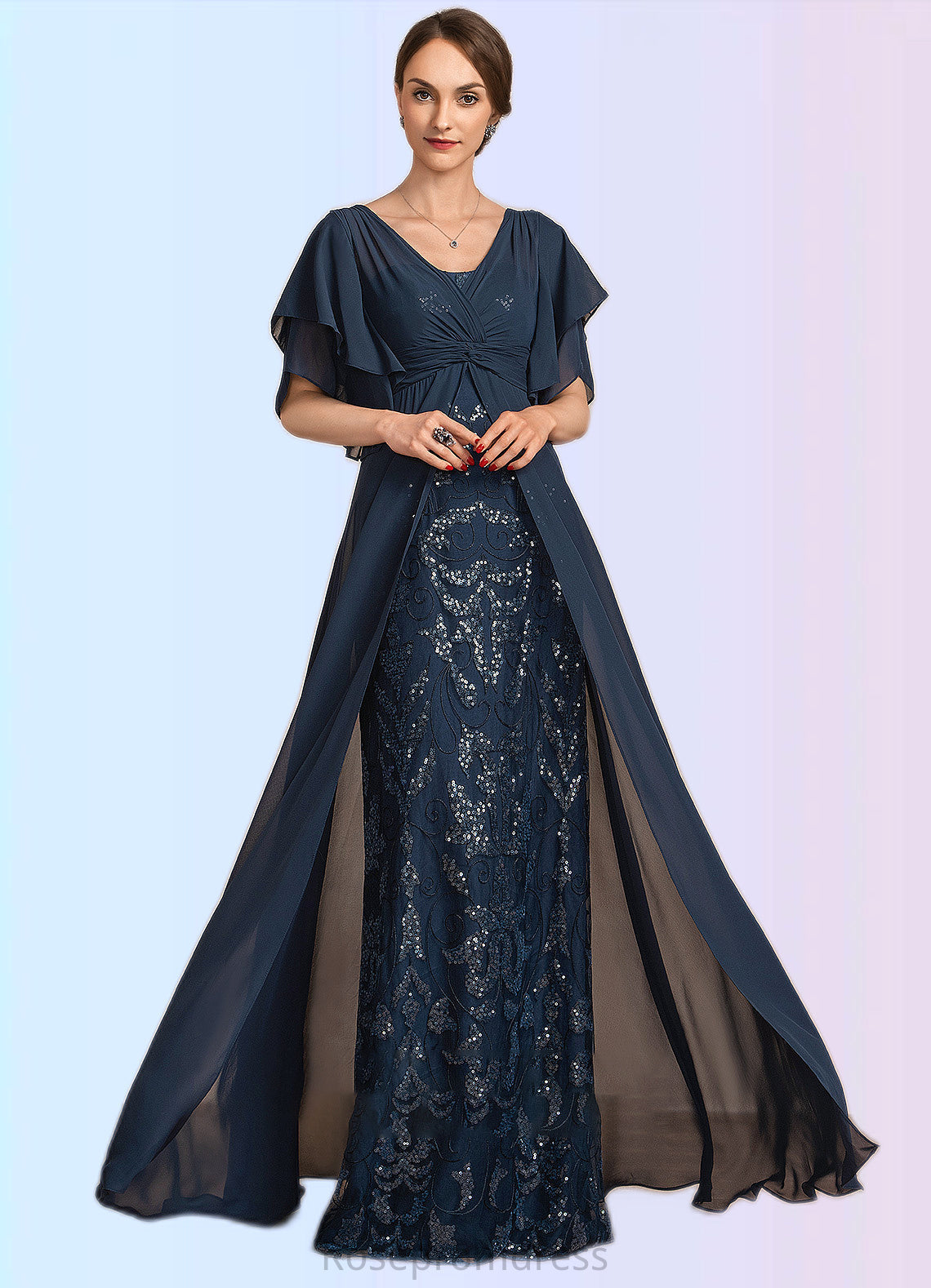 Aria Sheath/Column V-neck Floor-Length Chiffon Lace Mother of the Bride Dress With Ruffle Sequins SRSP0014573