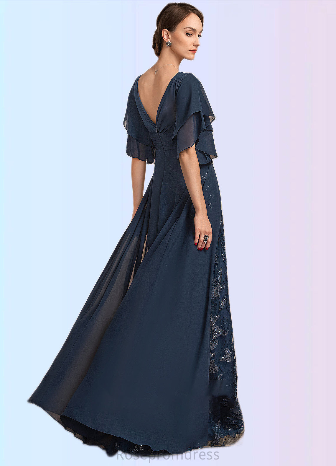 Aria Sheath/Column V-neck Floor-Length Chiffon Lace Mother of the Bride Dress With Ruffle Sequins SRSP0014573