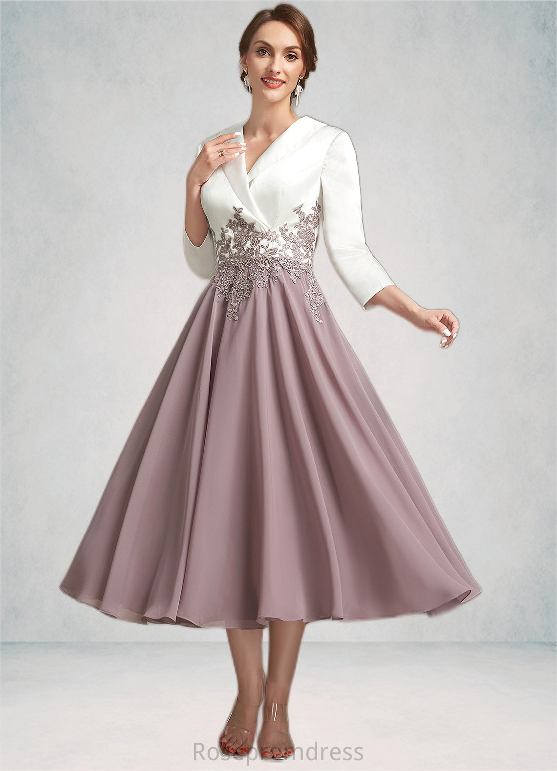 Lia A-Line V-neck Tea-Length Chiffon Lace Mother of the Bride Dress SRSP0014575