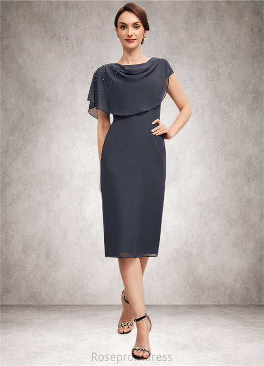 Kaelyn Sheath/Column Scoop Neck Knee-Length Chiffon Mother of the Bride Dress With Beading Cascading Ruffles SRSP0014576