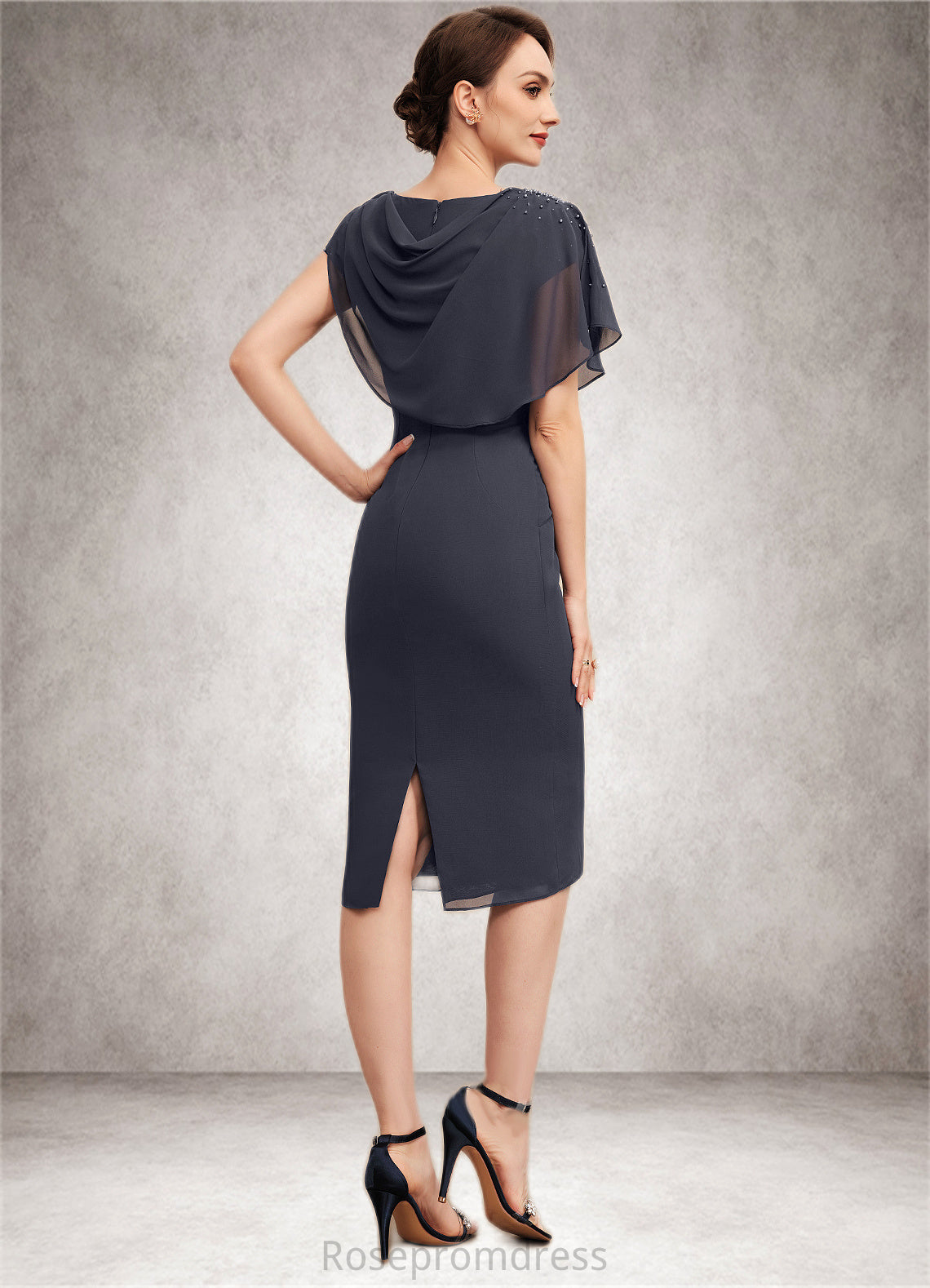 Kaelyn Sheath/Column Scoop Neck Knee-Length Chiffon Mother of the Bride Dress With Beading Cascading Ruffles SRSP0014576