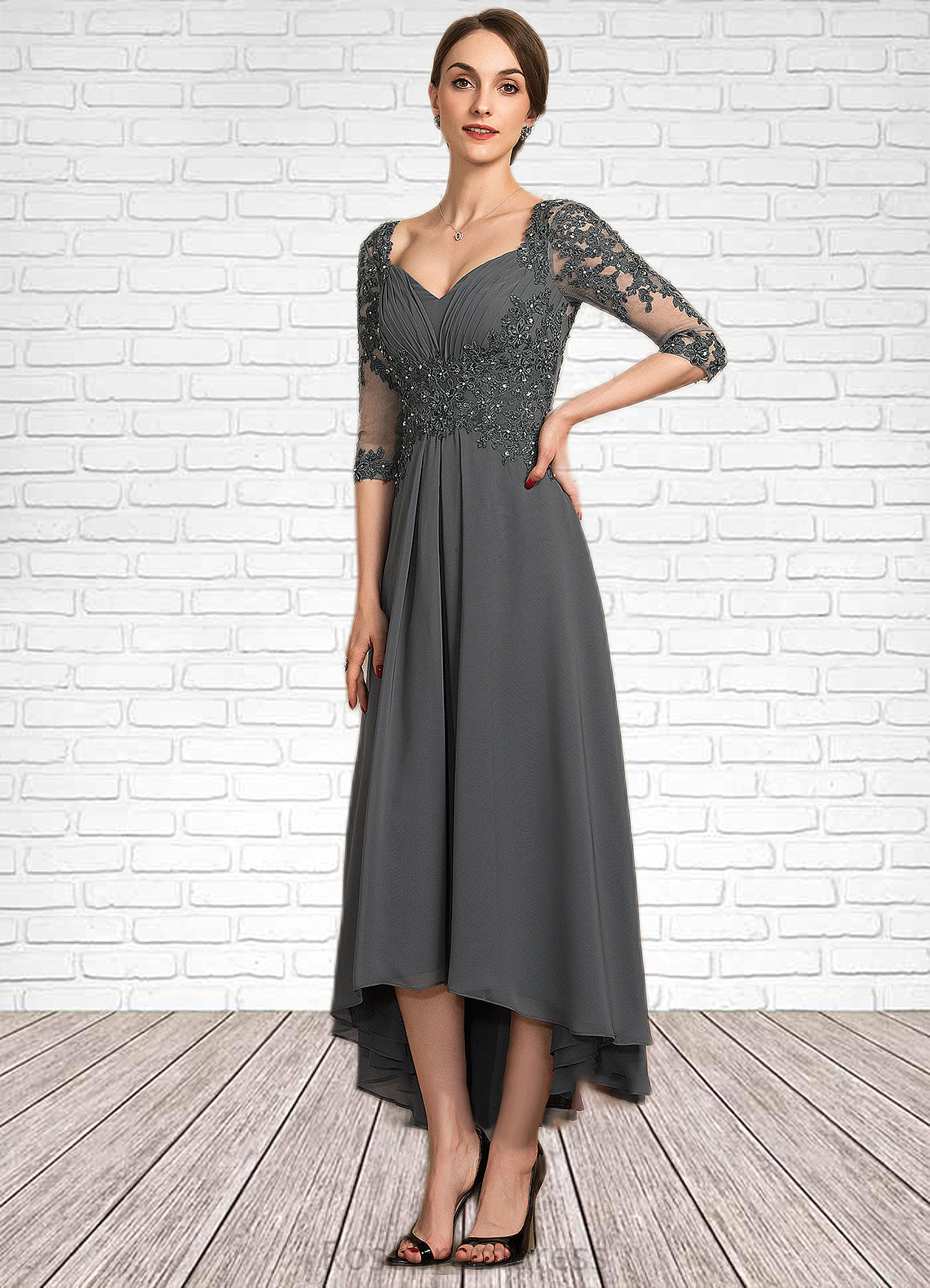 Savannah A-Line Sweetheart Asymmetrical Chiffon Lace Mother of the Bride Dress With Beading Sequins SRSP0014579