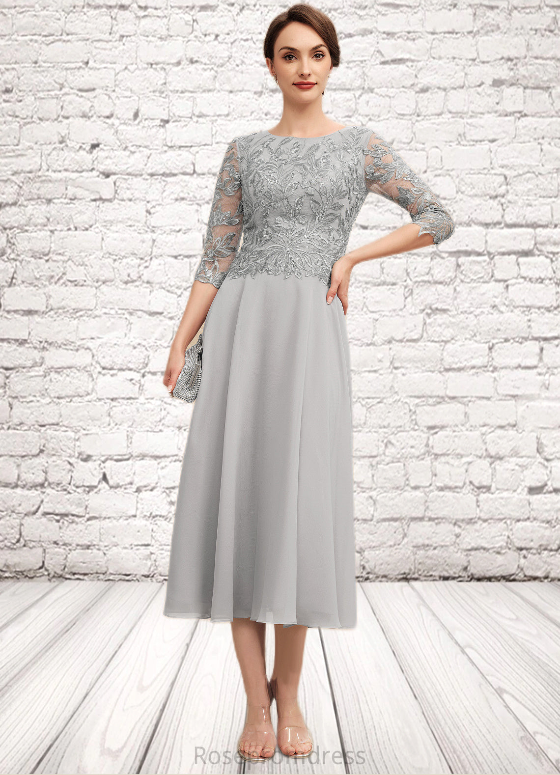 Fernanda A-Line Scoop Neck Tea-Length Chiffon Lace Mother of the Bride Dress With Sequins SRSP0014580