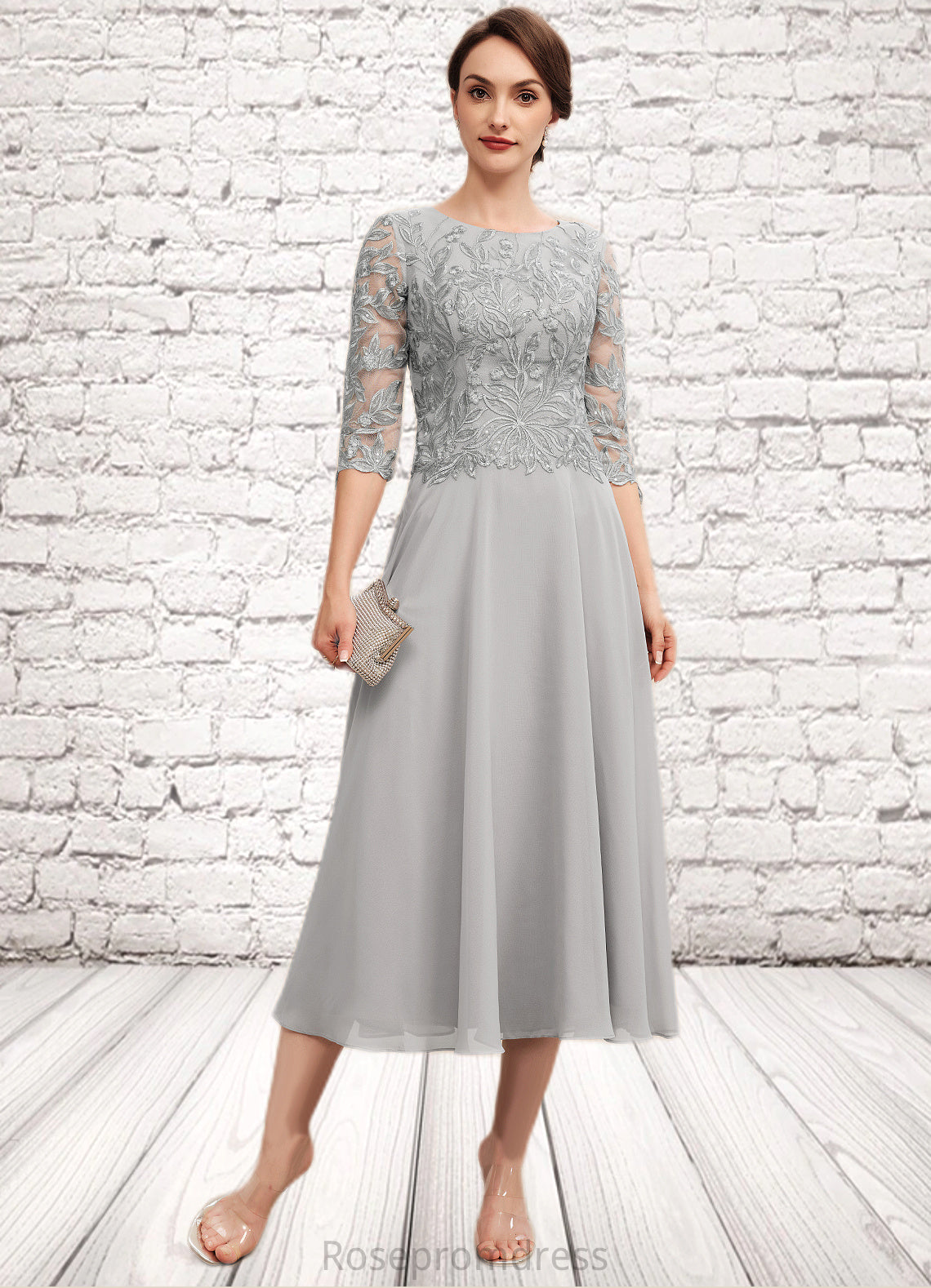 Fernanda A-Line Scoop Neck Tea-Length Chiffon Lace Mother of the Bride Dress With Sequins SRSP0014580