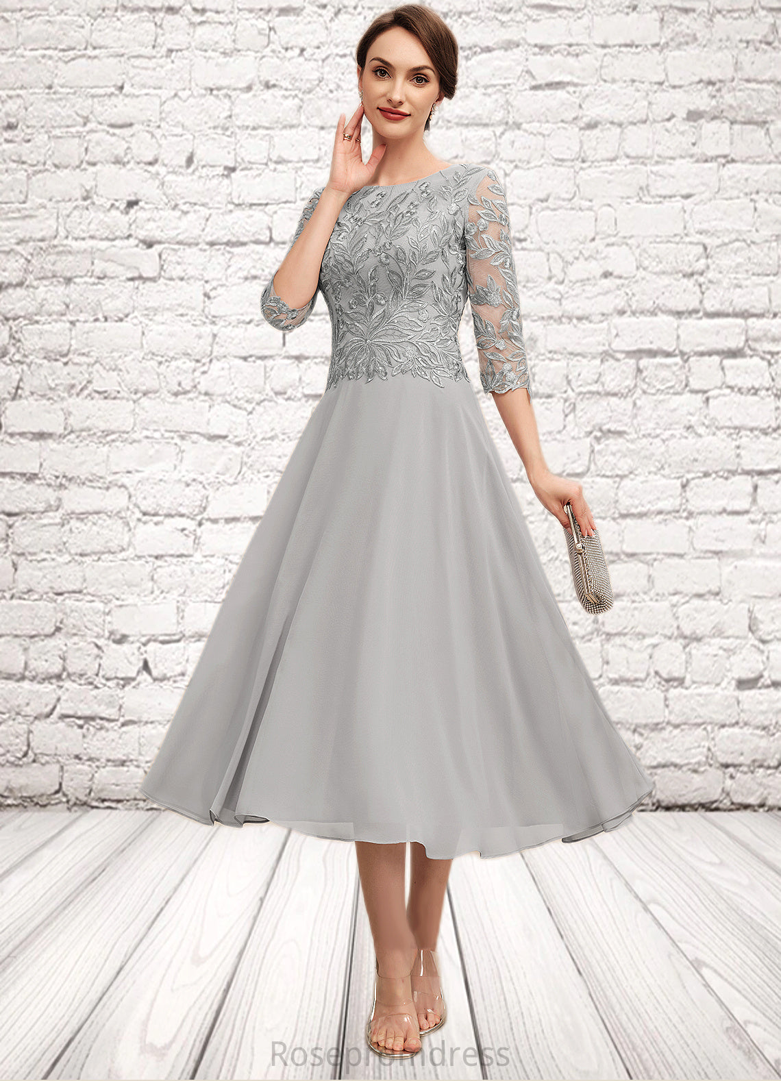 Fernanda A-Line Scoop Neck Tea-Length Chiffon Lace Mother of the Bride Dress With Sequins SRSP0014580