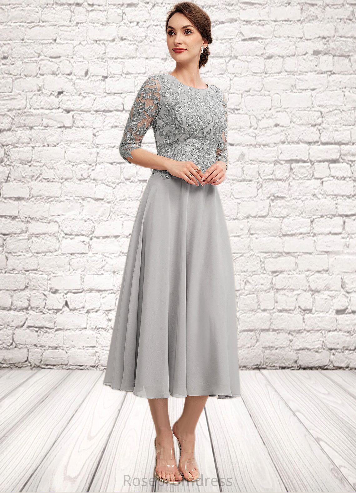 Fernanda A-Line Scoop Neck Tea-Length Chiffon Lace Mother of the Bride Dress With Sequins SRSP0014580