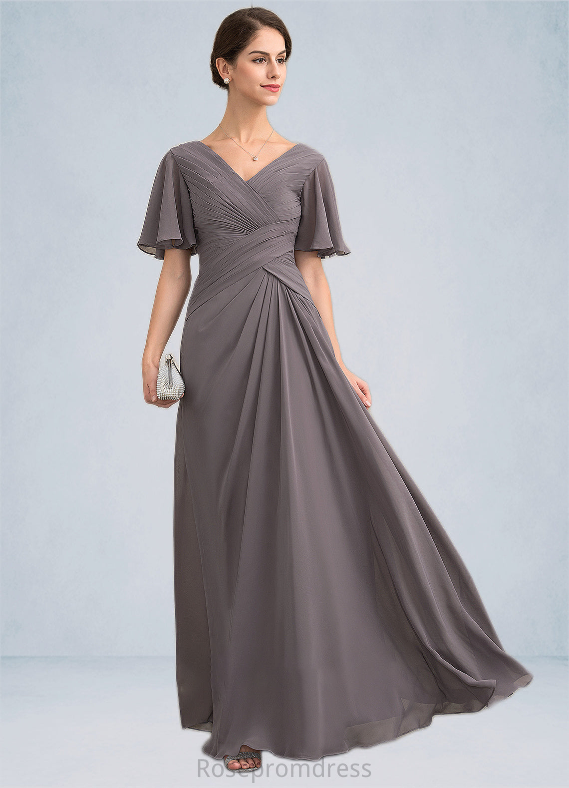 Valerie A-Line V-neck Floor-Length Chiffon Mother of the Bride Dress With Ruffle SRSP0014581