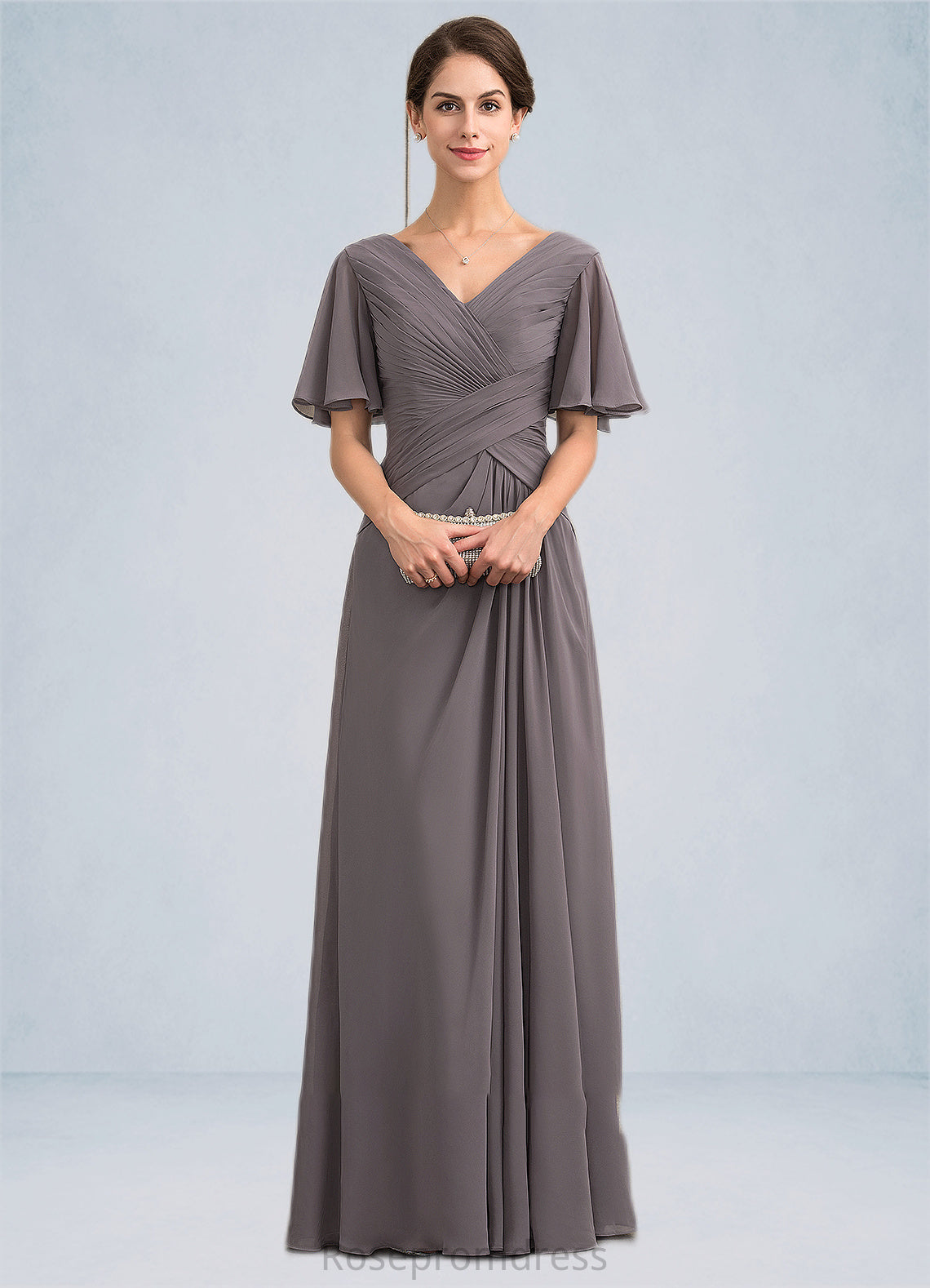 Valerie A-Line V-neck Floor-Length Chiffon Mother of the Bride Dress With Ruffle SRSP0014581