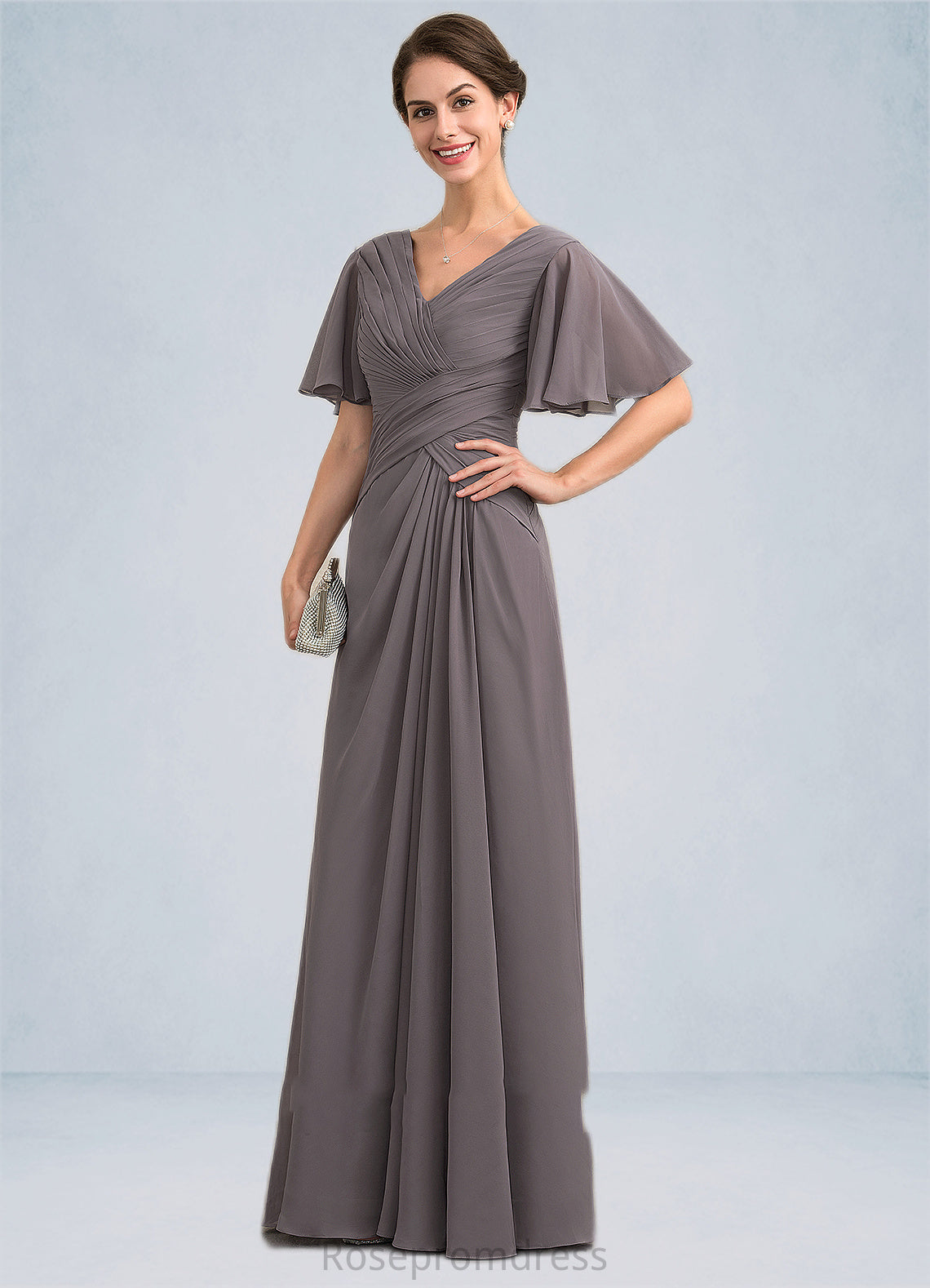 Valerie A-Line V-neck Floor-Length Chiffon Mother of the Bride Dress With Ruffle SRSP0014581