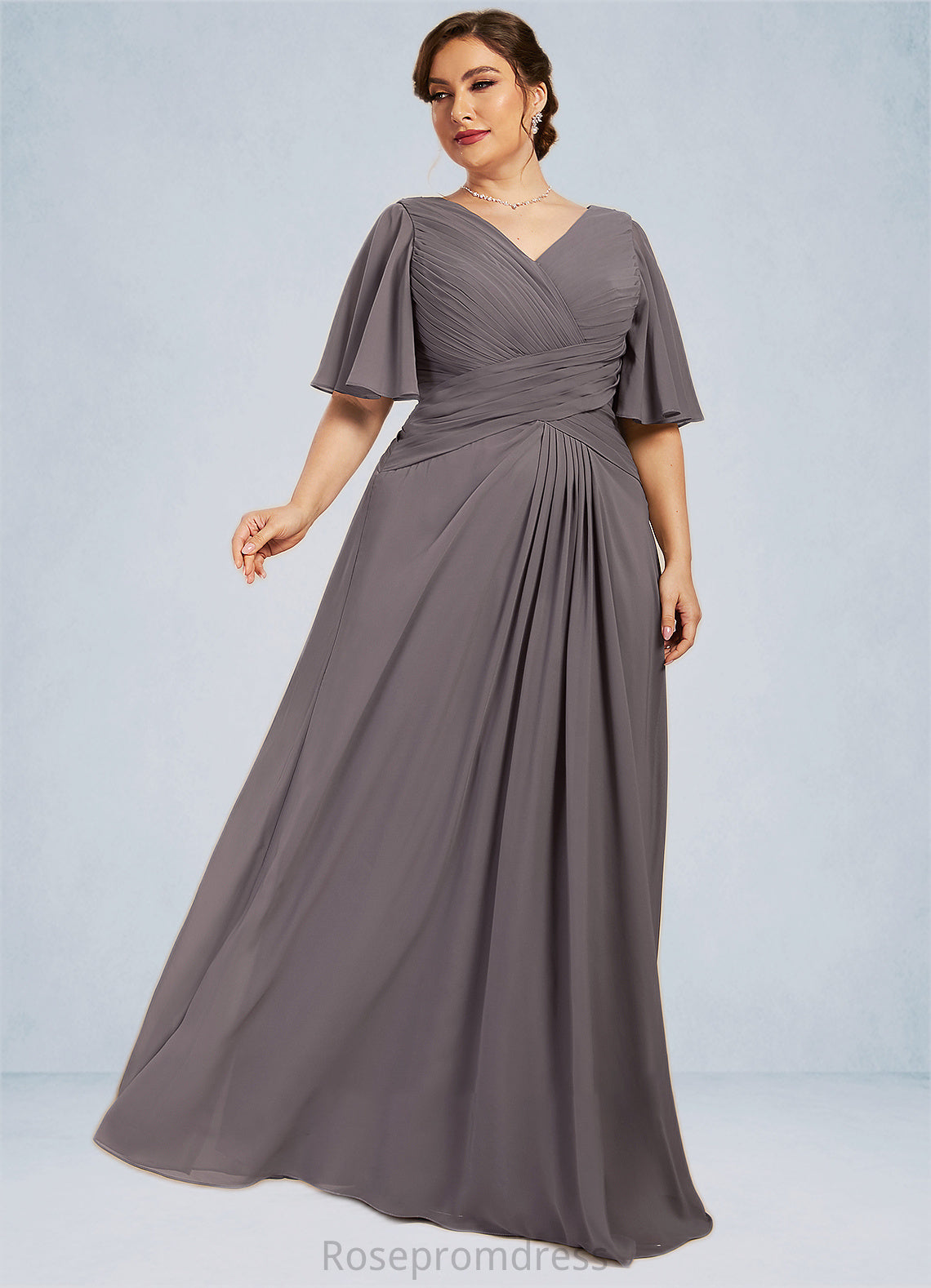 Valerie A-Line V-neck Floor-Length Chiffon Mother of the Bride Dress With Ruffle SRSP0014581
