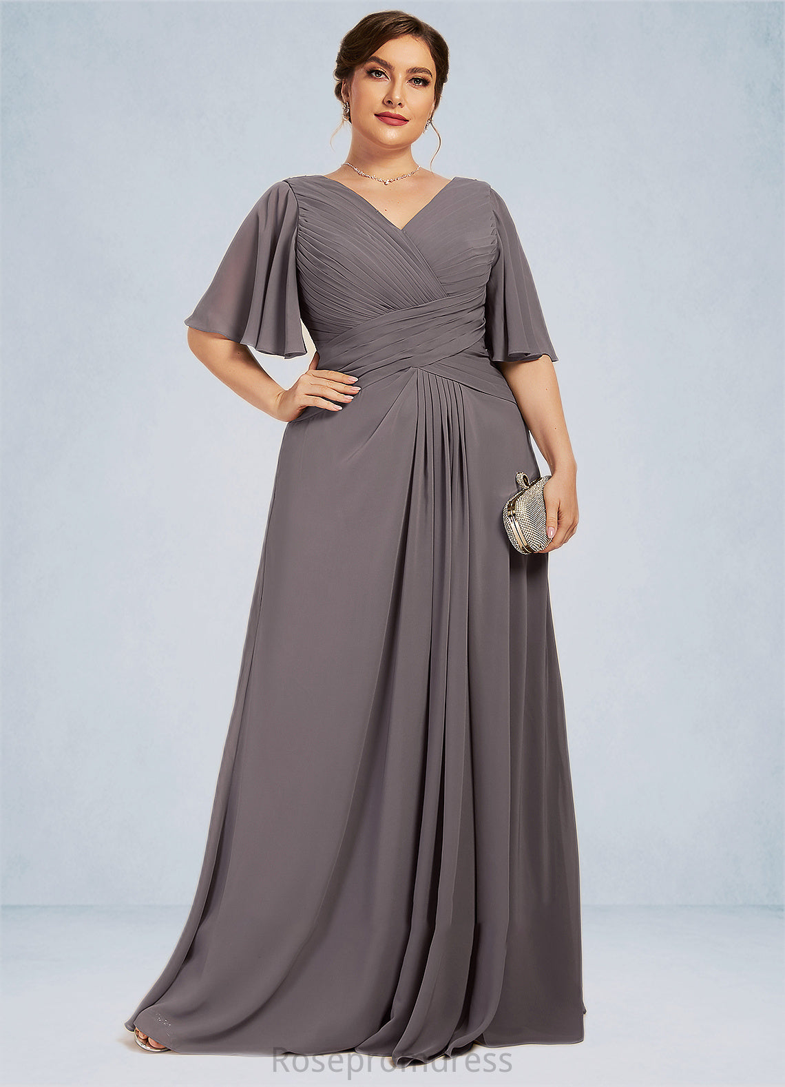 Valerie A-Line V-neck Floor-Length Chiffon Mother of the Bride Dress With Ruffle SRSP0014581