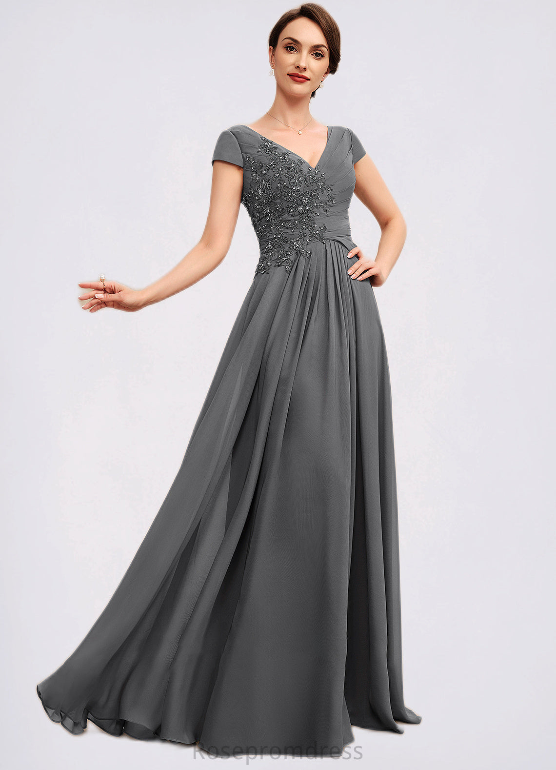 Genevieve A-Line V-neck Floor-Length Chiffon Mother of the Bride Dress With Ruffle Lace Beading Sequins SRSP0014582