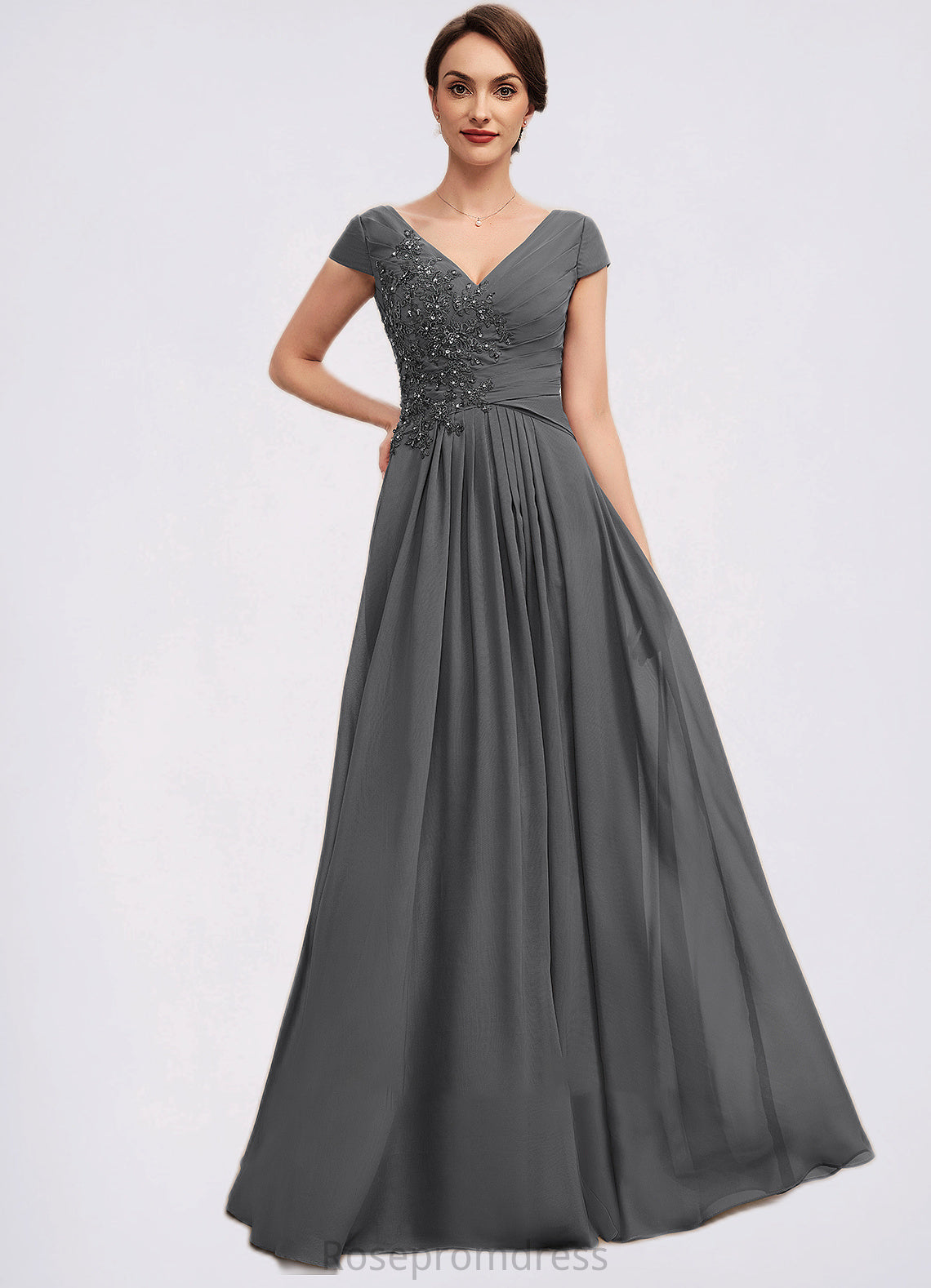 Genevieve A-Line V-neck Floor-Length Chiffon Mother of the Bride Dress With Ruffle Lace Beading Sequins SRSP0014582